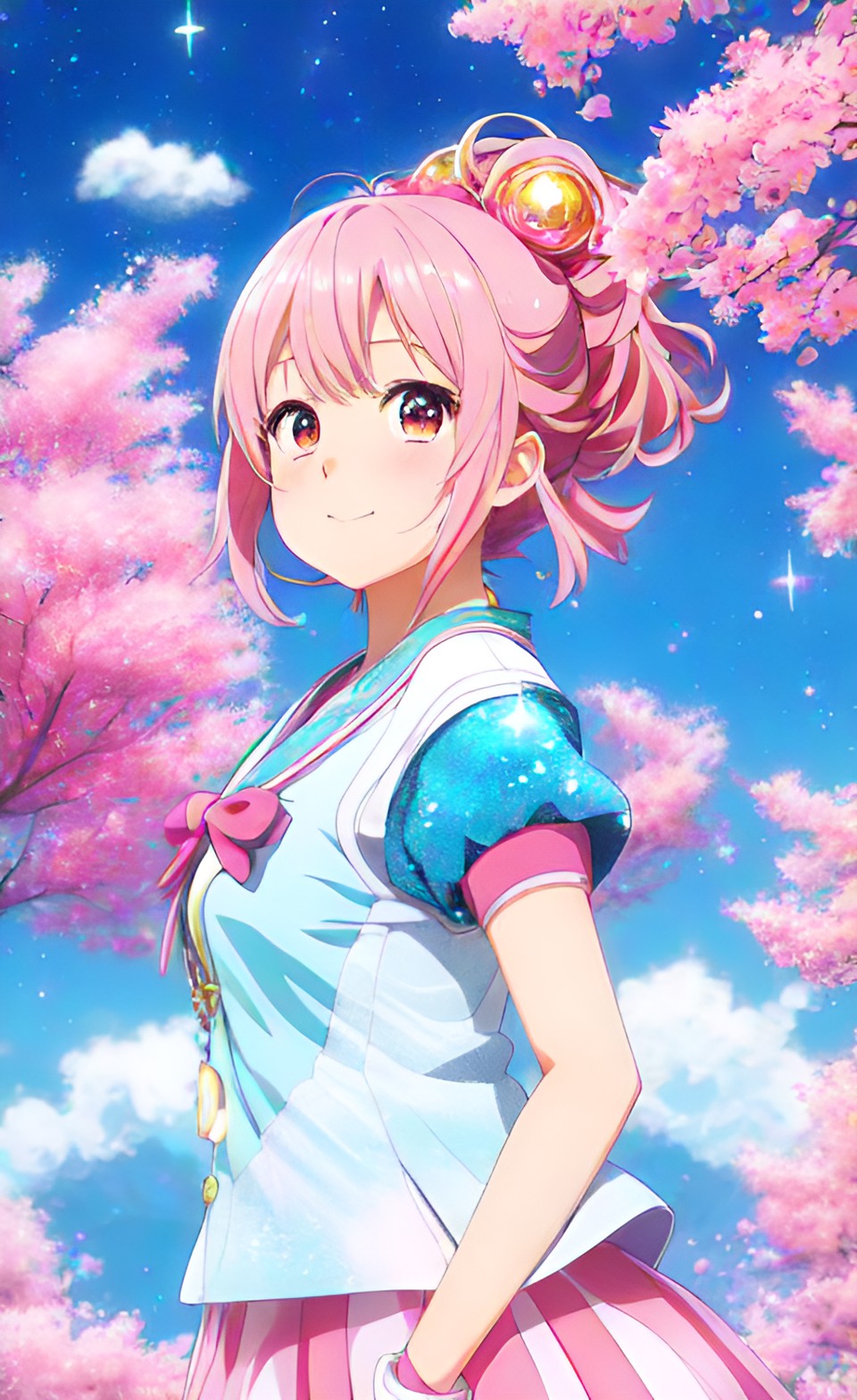 “imagine a kawaii anime character surrounded by an aura of shimmering glitter, radiating pure charm and cuteness in a dazzling setting filled with pastel colors.” preview