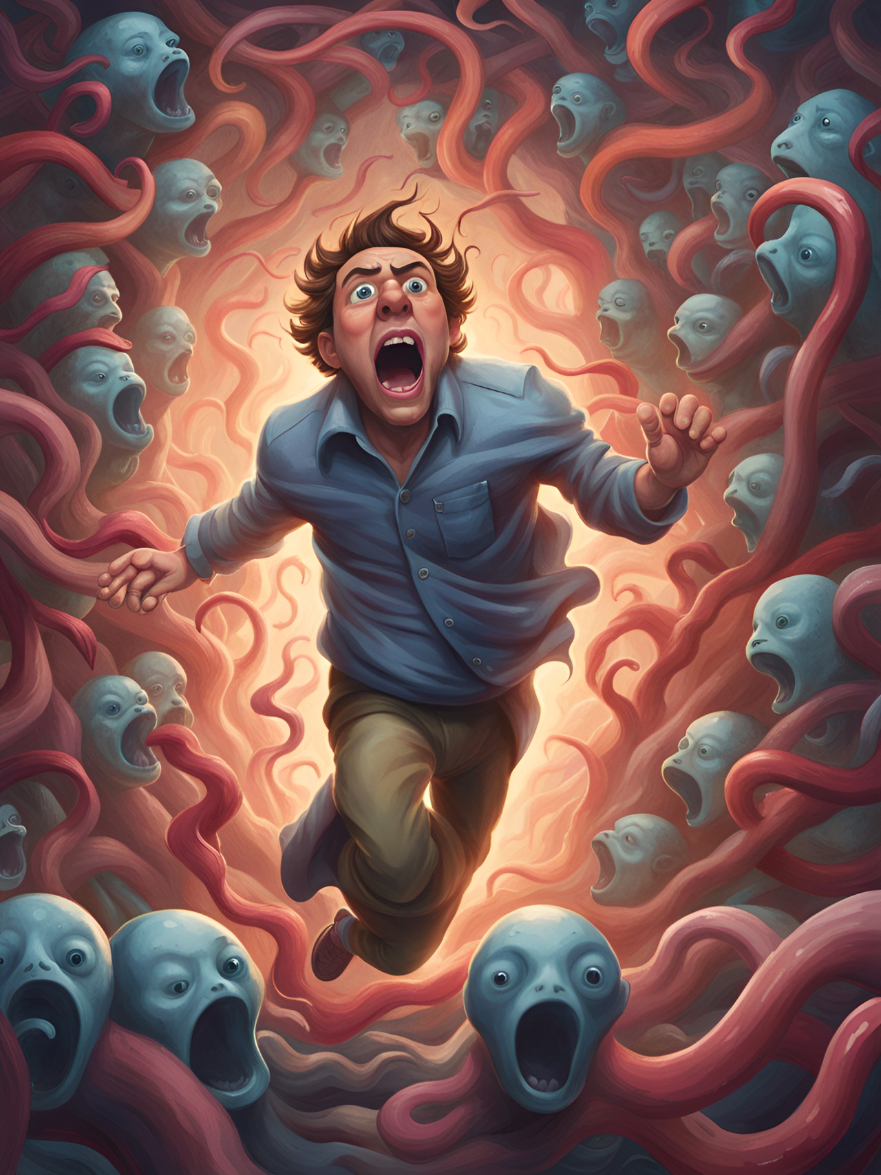 a screaming man, running out of a multi dimensional cortex, trying to escaping tentacles from grabbing him preview