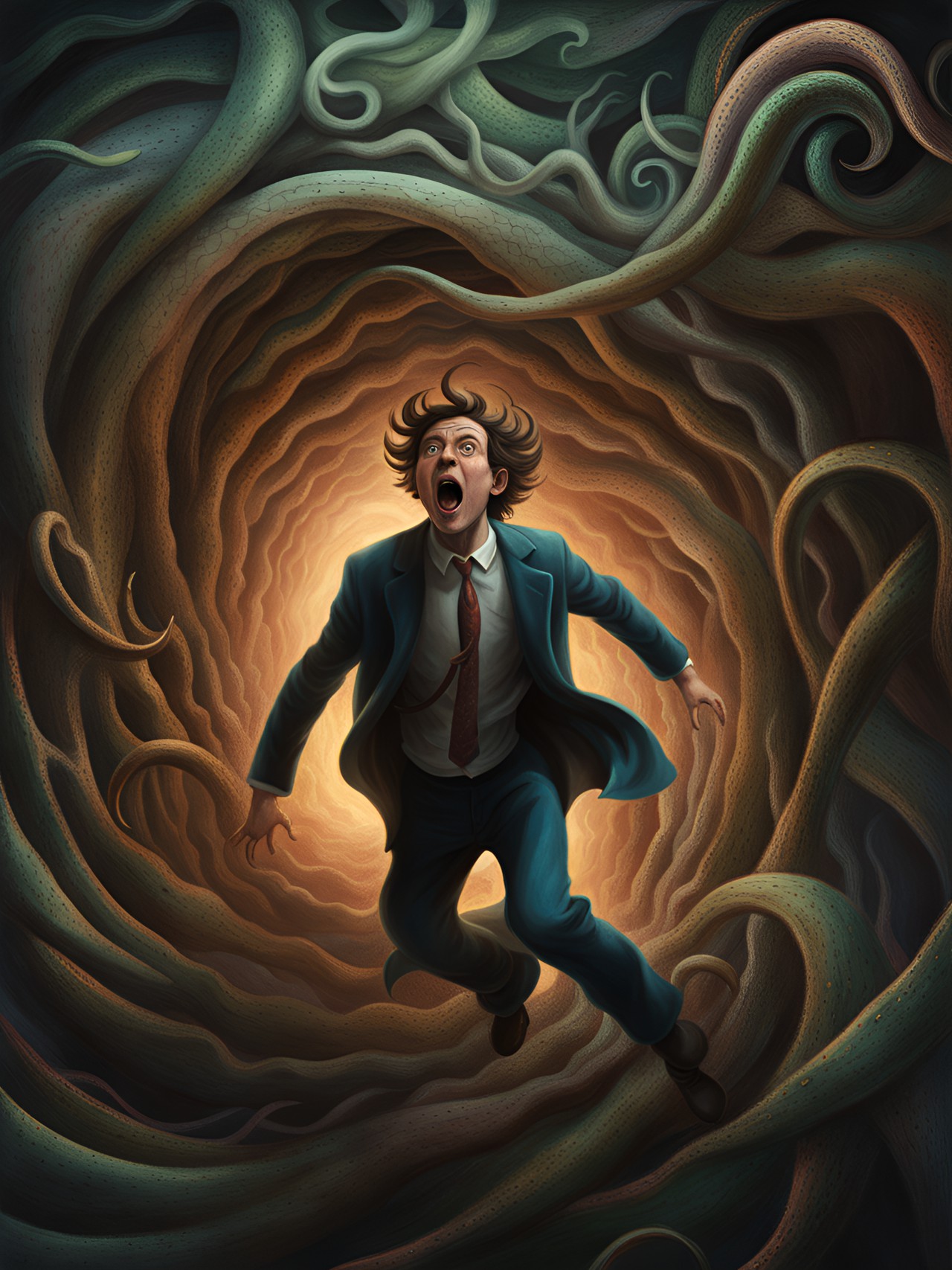a screaming man, running out of a swirling multi dimensional time vortex, trying to escape long cthulhu tentacles from grabbing him. by leonora carrington, arthur tress, jheronimus bosch, louis daguerre preview
