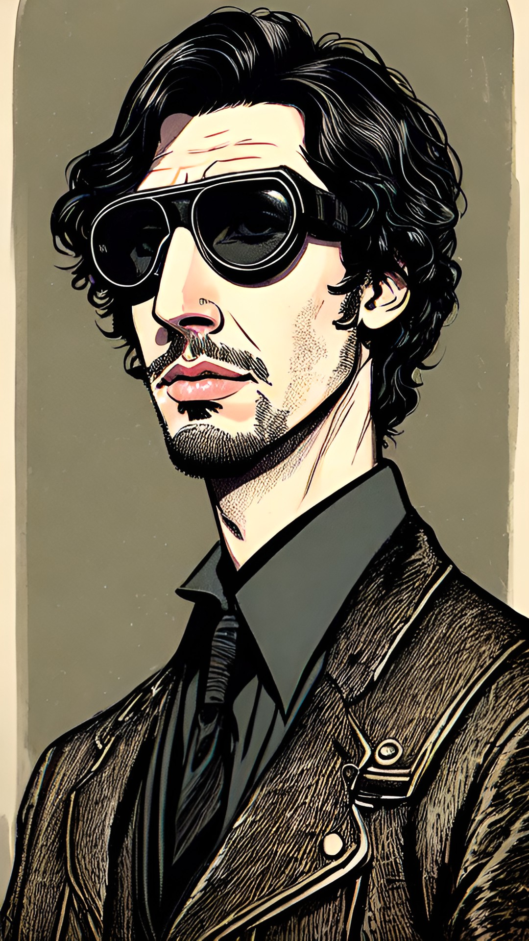 fashion Driver - caricature of adam driver as detective doll with goggles on rome, etching render preview