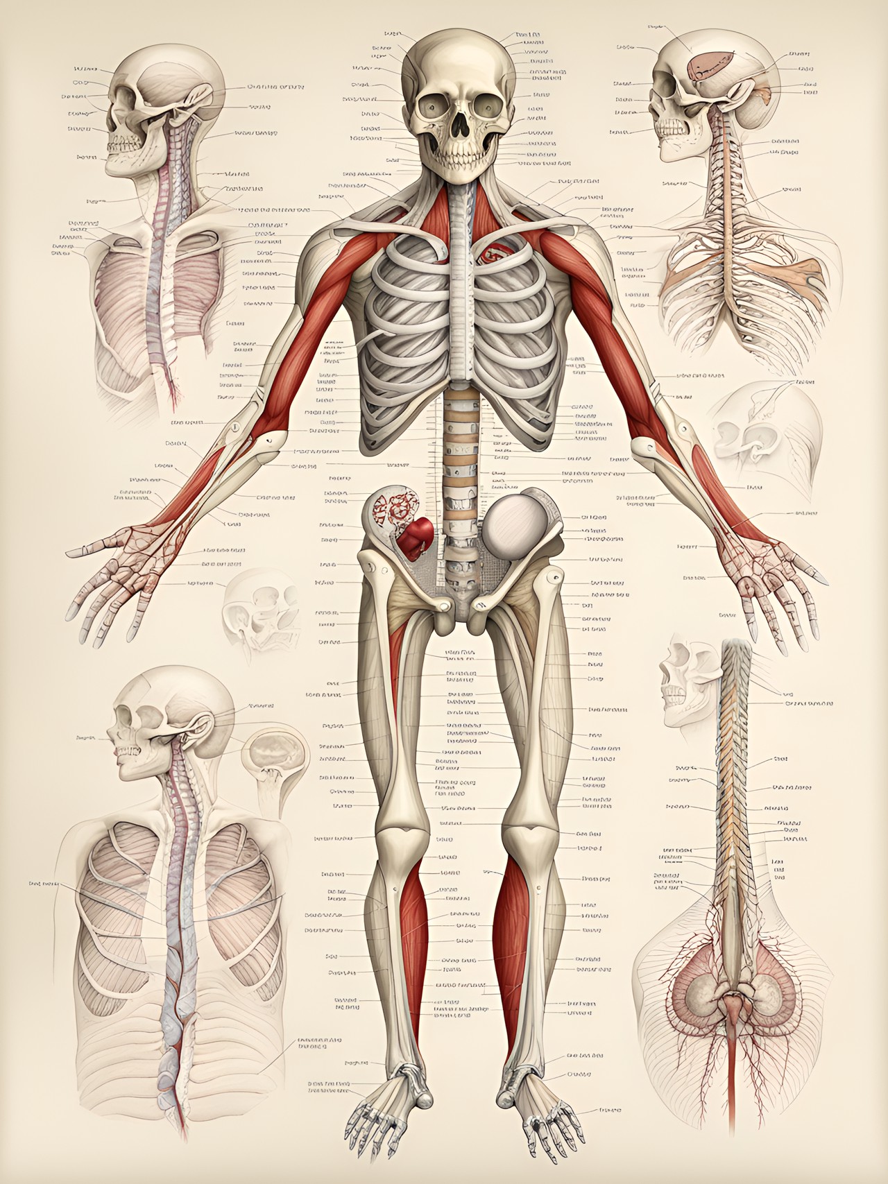 make anatomical drawing with bones, muscles, sinews, blood vessels, nerves and skin preview