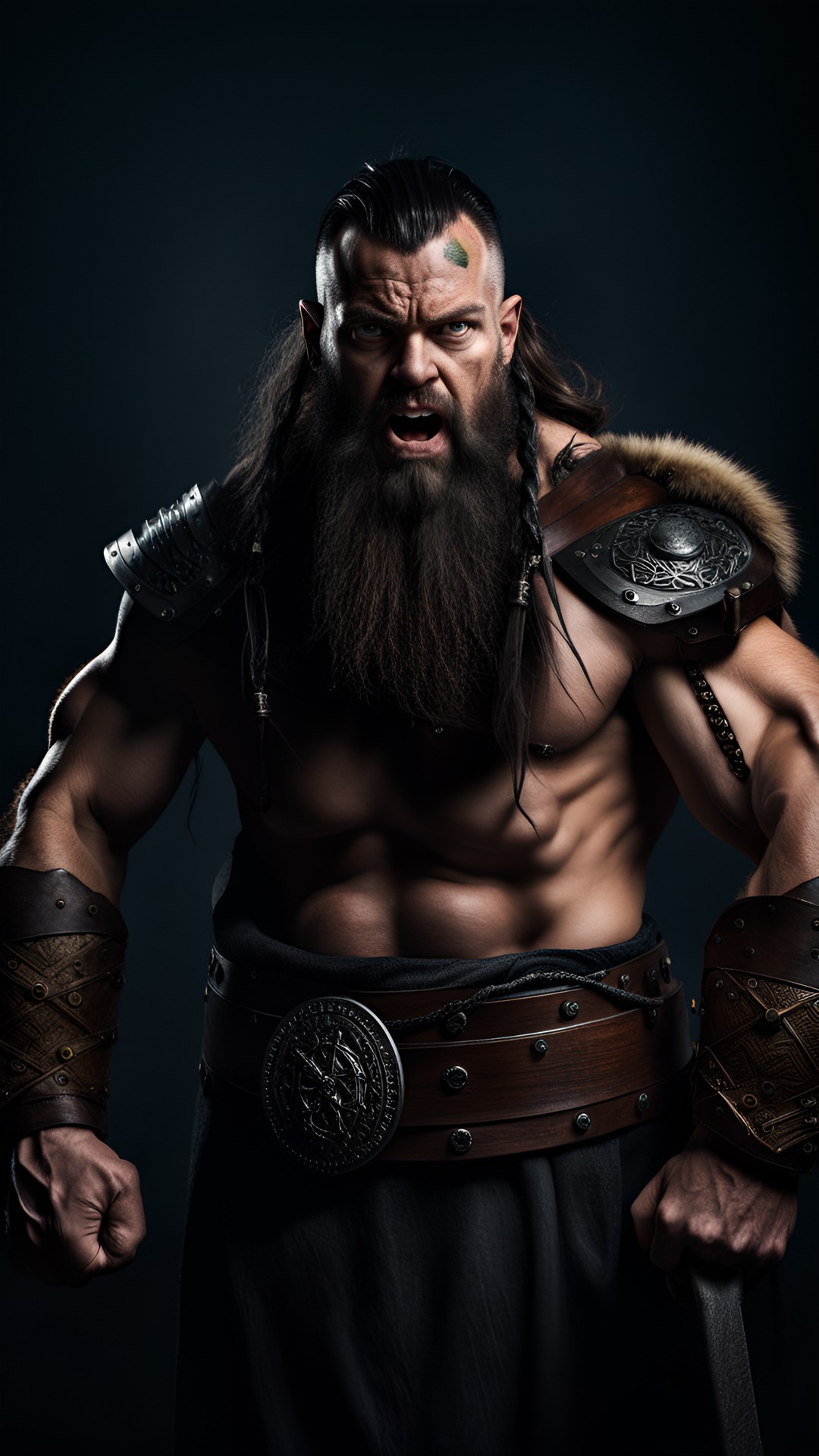 angry muscular viking dwarf with long beard, black hair, scar under eye preview