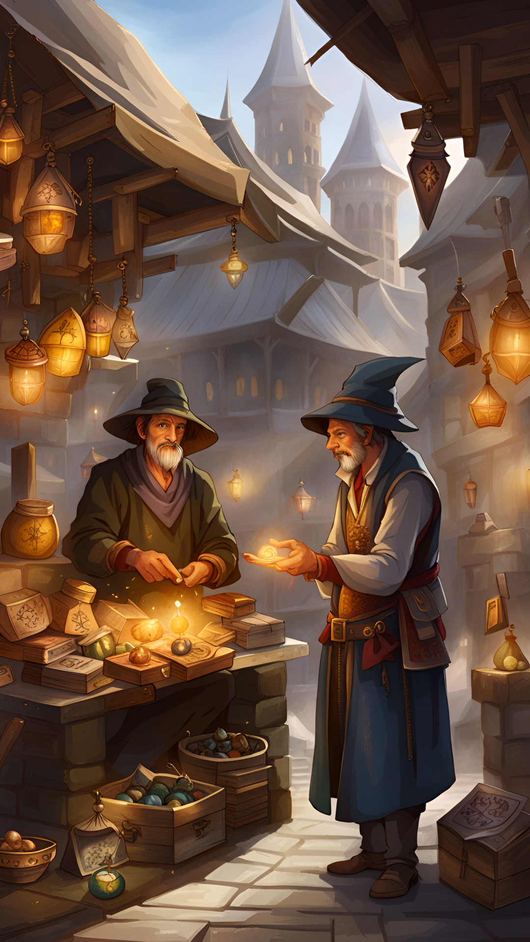 merchant selling magical talismans at the open air market for mages preview