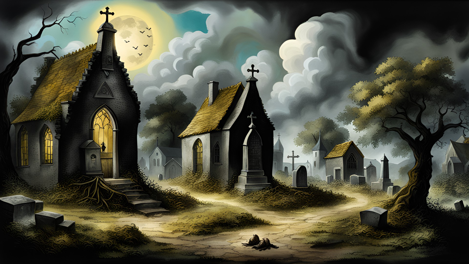 Ruisdael Cemetary - village cemetery, postpunk, stylized mixed media, surreal fantasy image by jacob van ruisdael preview