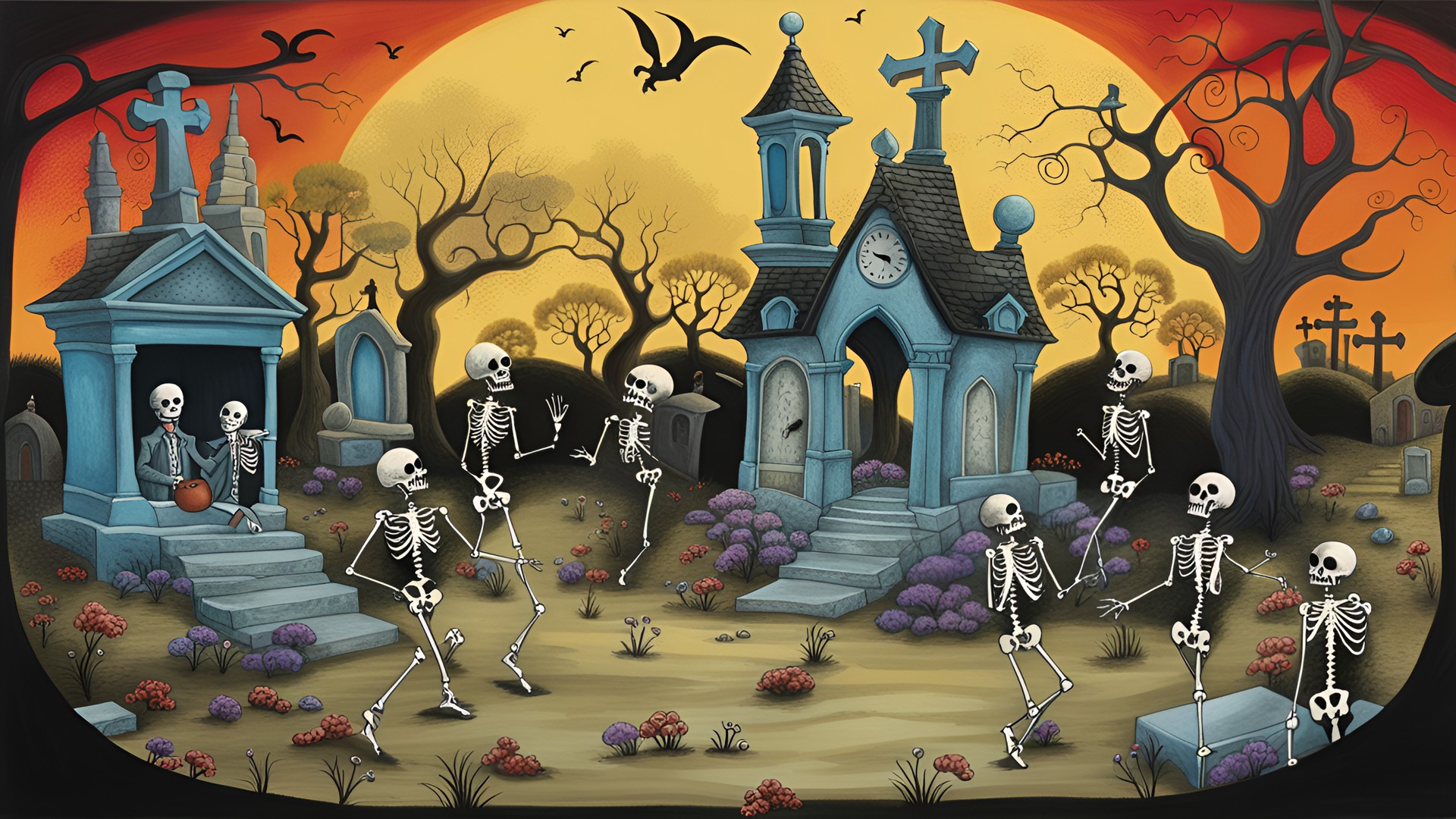 Dancing Skeletons - village cemetery, postpunk, stylized mixed media, surreal fantasy image by disney, skeletons dancing preview