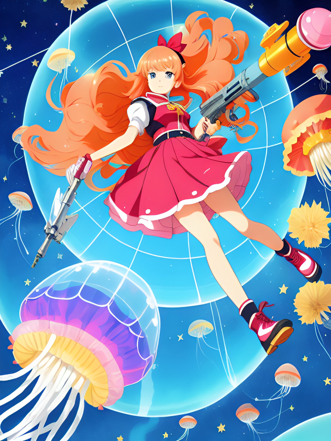 ロケット砲を抱えたクラゲコスチューム姿の少女戦士　ポップアート preview