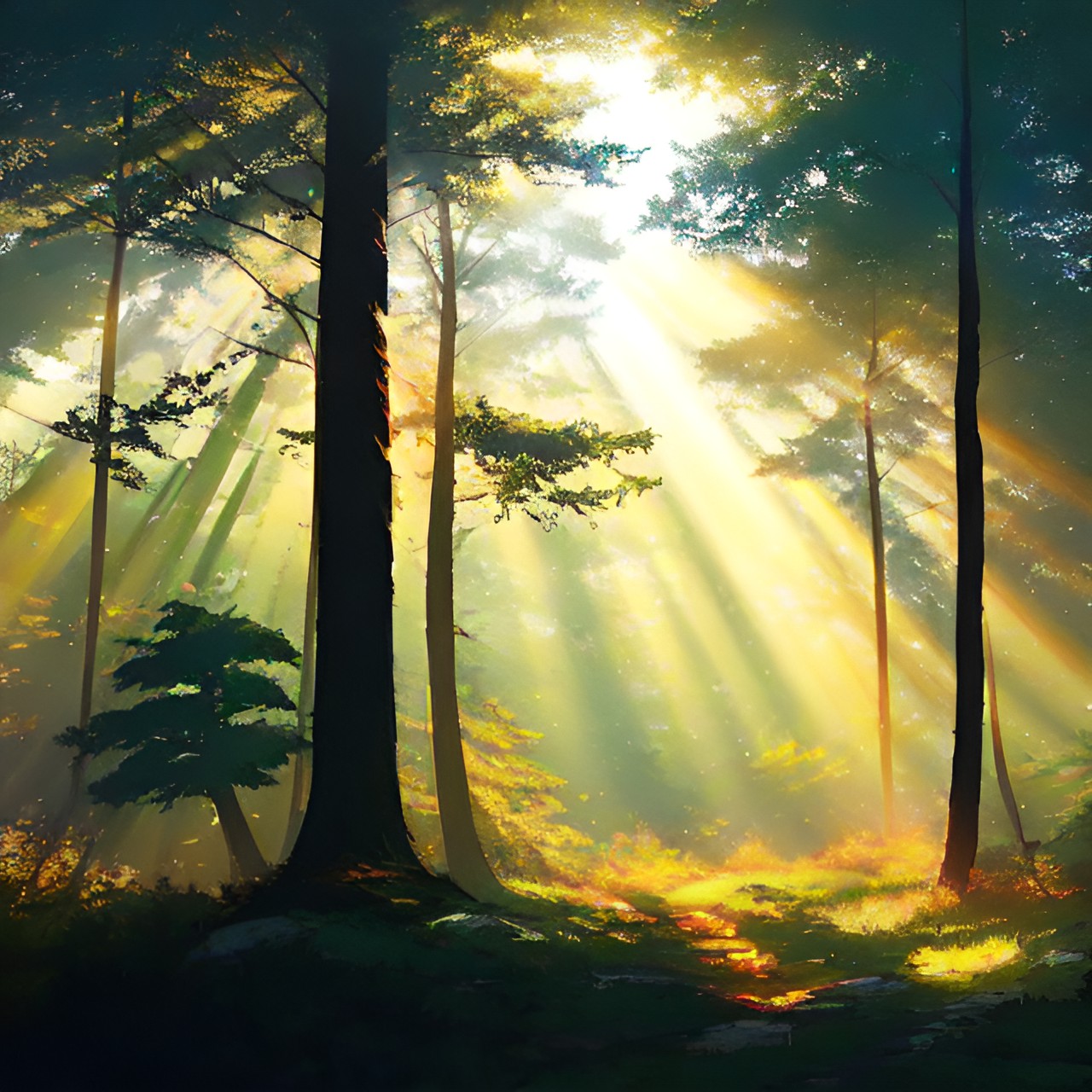 a forest clearing with sunbeams streaming from the trees preview