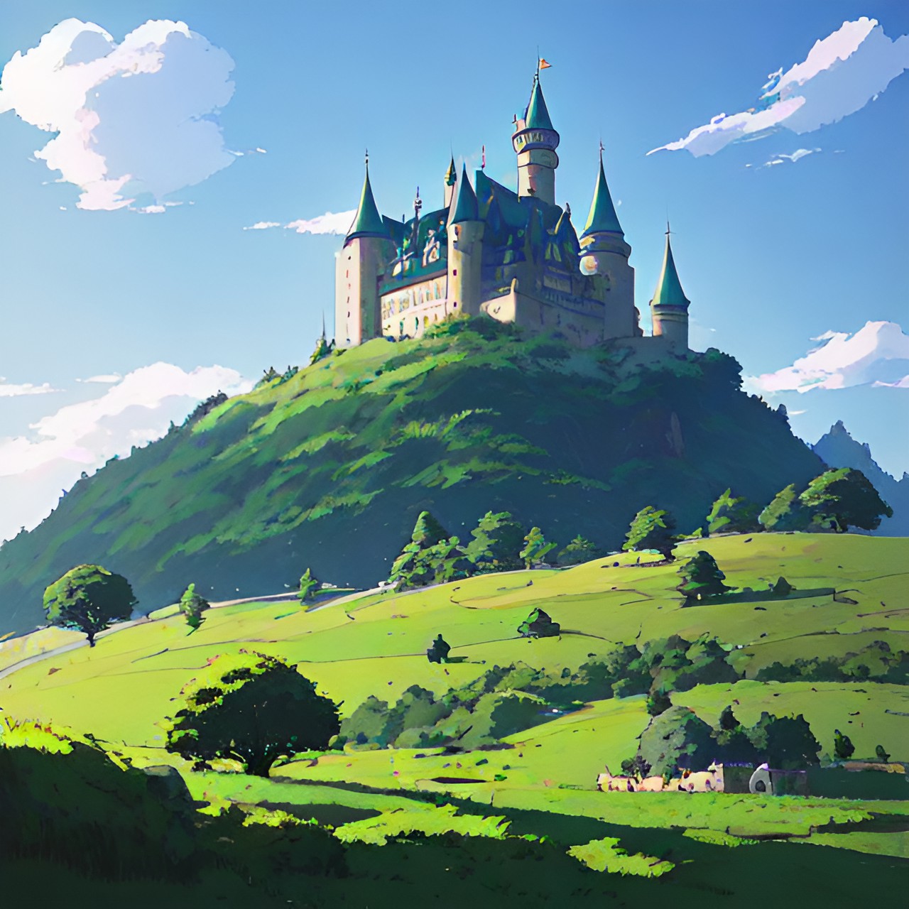 gabbro,green fields with a castle,fairytale castle, preview