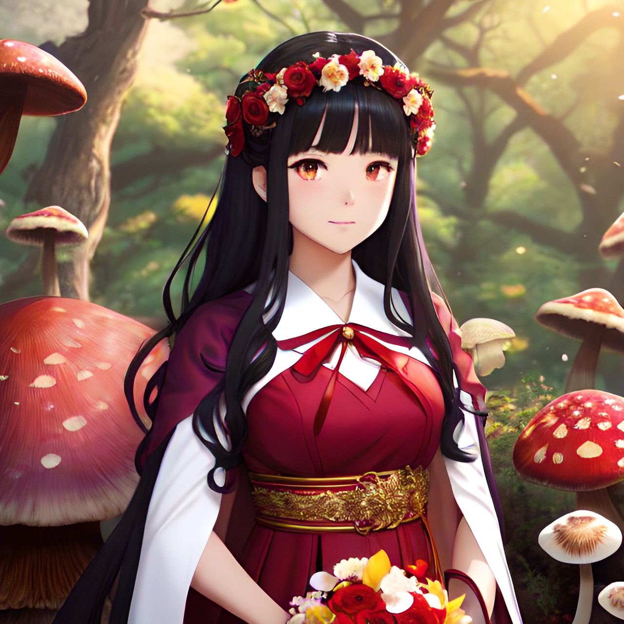 long, wavy black hair. red flower crown. holding red flower bouquet. purple and gold toga with cape. surrounded by mushrooms. cinematic lighting studio quality smooth render hyper detail preview