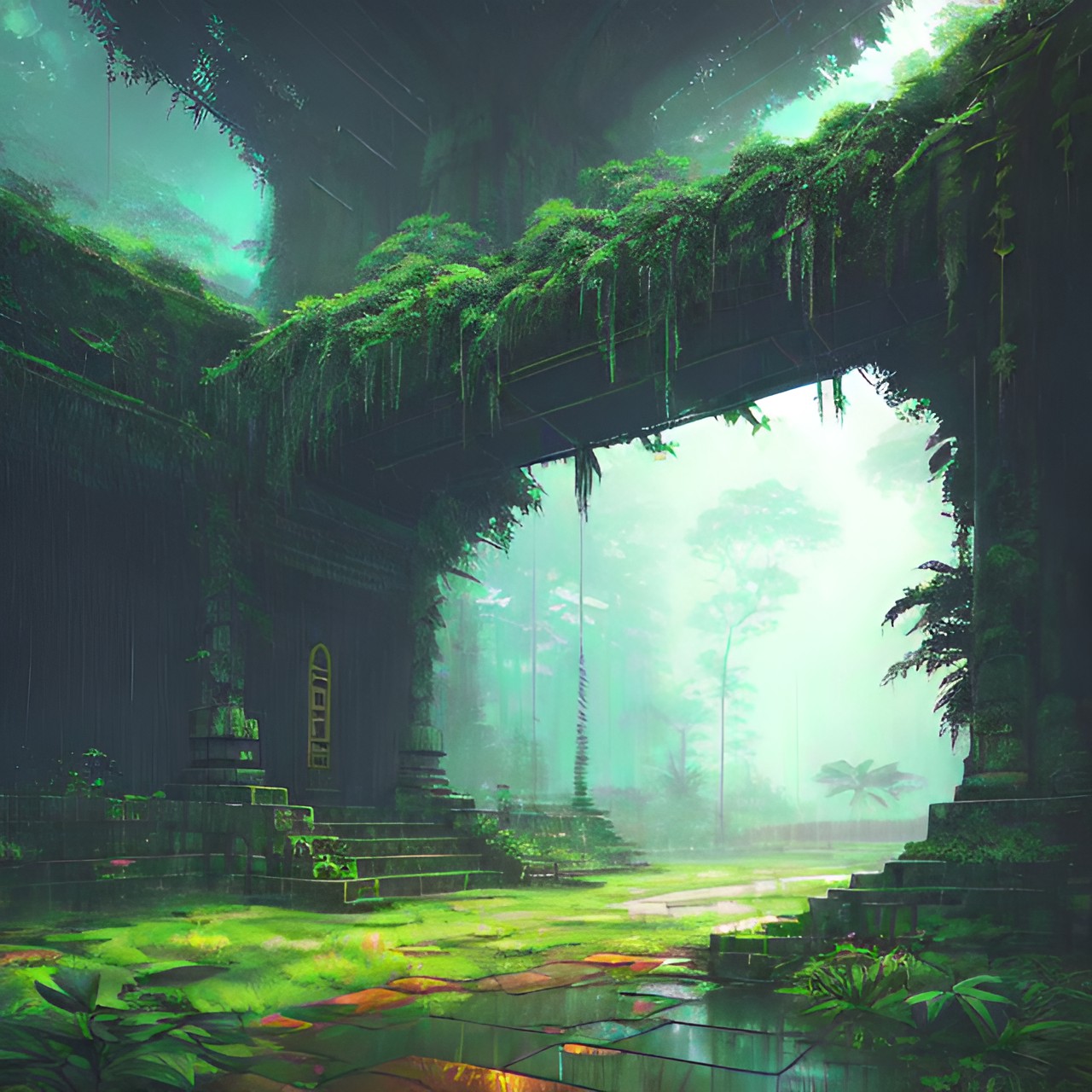 rainy ancient jungle temple,overgrown, abandoned,greenery,rainy, preview