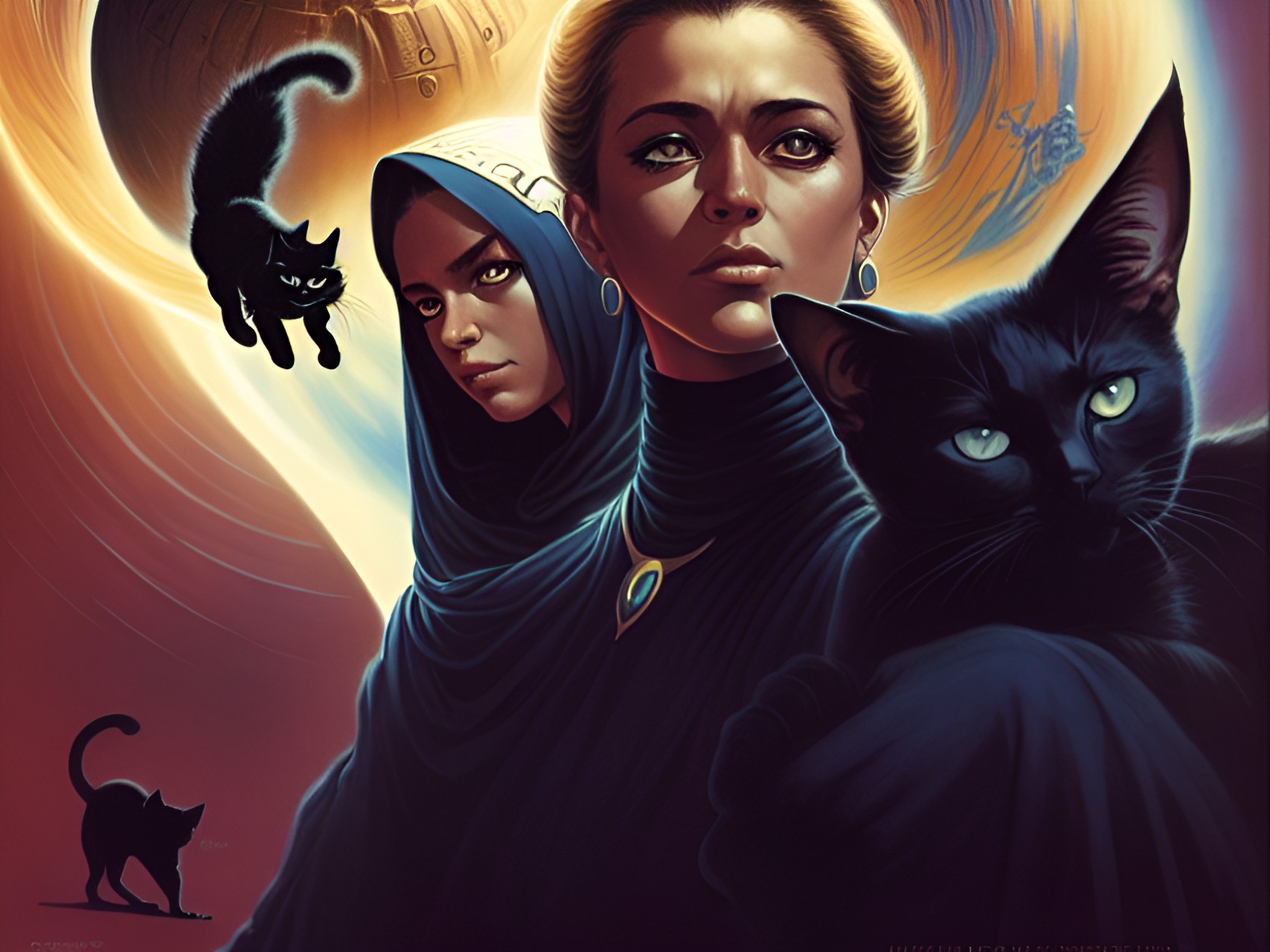 DUNE with CATS - dune movie poster but with a woman and her black cat dynamic volumetric lighting triadic colors $3dplastic$ preview