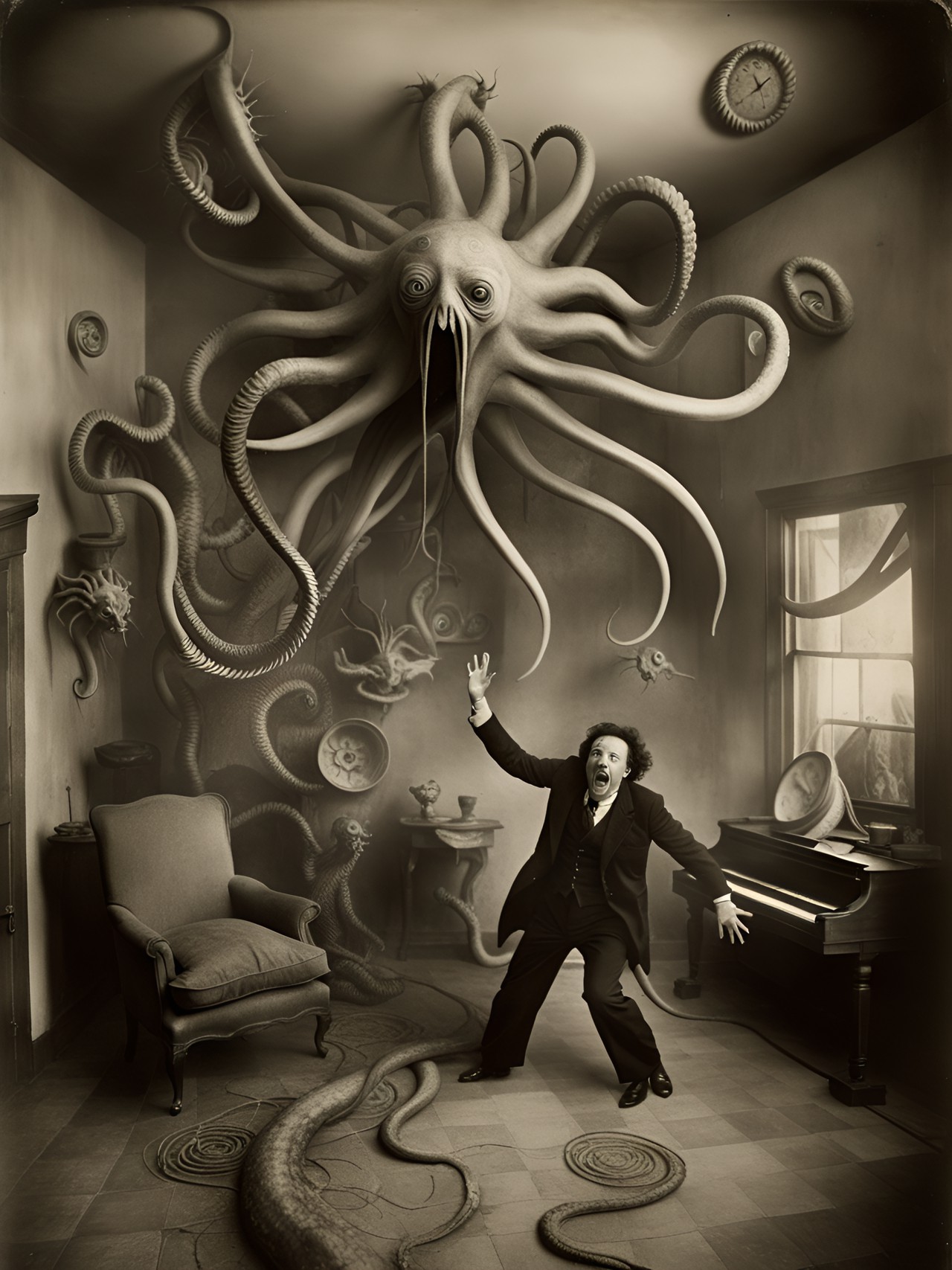 tintype of a typical living room with a screaming man, desperately fleeing out of a swirling chaotic multi dimensional time vortex, trying to escape the long flailing cthulhu tentacles from grabbing him. infinite, phantasmal, writhing, tendrils, by leonora carrington, arthur tress, jheronimus bosch, louis daguerre preview