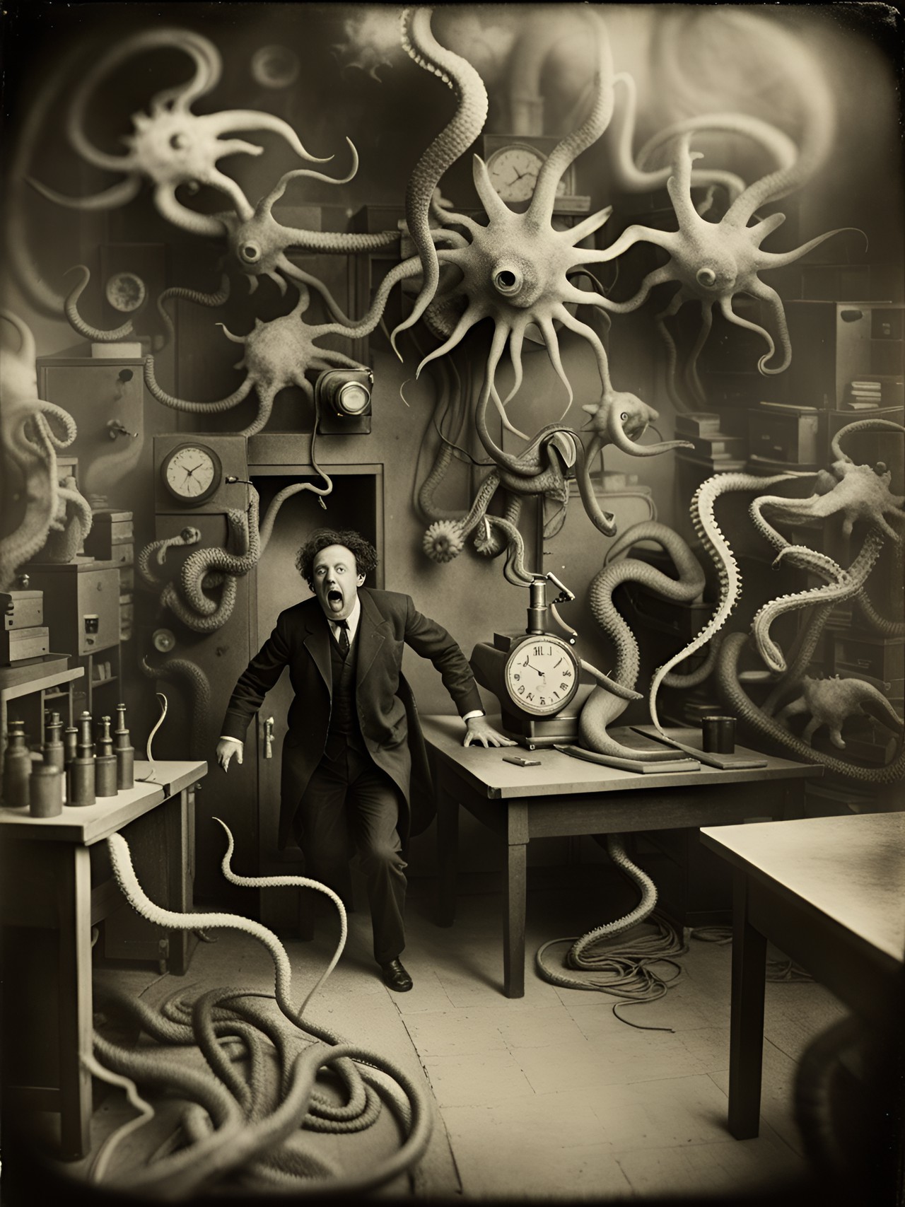 tintype of a typical laboratory room with a screaming scientist, desperately fleeing out of a swirling chaotic multi dimensional time vortex, trying to escape the long flailing cthulhu tentacles from grabbing him. infinite, abysmal, chimerical, phantasmal, writhing, tendrils, by leonora carrington, arthur tress, jheronimus bosch, louis daguerre preview