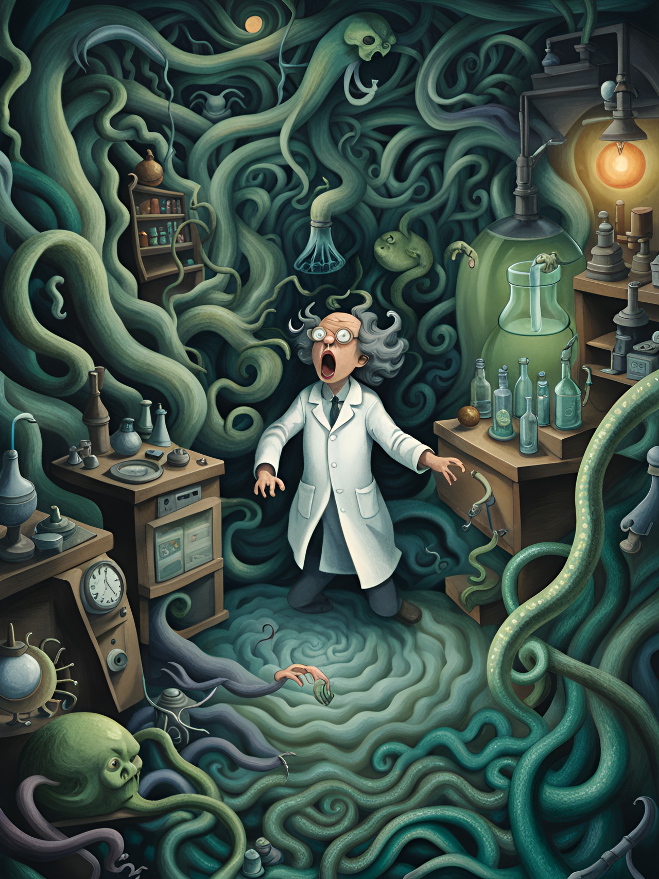 typical laboratory room with a screaming scientist, desperately fleeing out of a swirling chaotic multi dimensional time vortex, trying to escape the long flailing cthulhu tentacles from grabbing him. infinite, abysmal, chimerical, phantasmal, writhing, tendrils, by leonora carrington, arthur tress, jheronimus bosch, louis daguerre preview