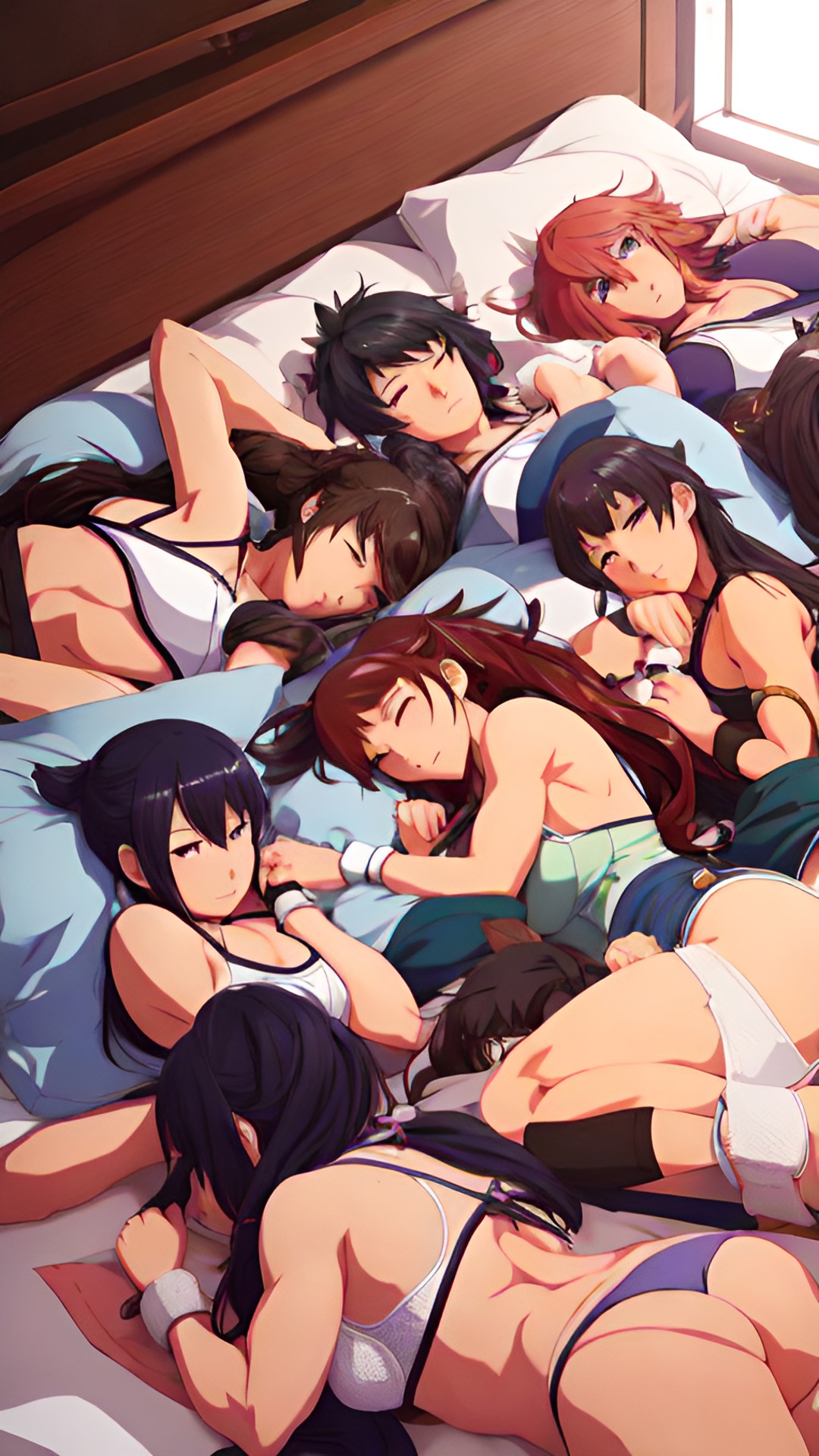 one hundred muscular women in bed together sleeping preview