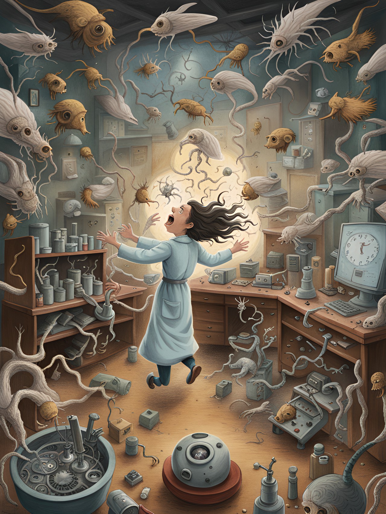 typical laboratory room with a screaming scientist, desperately fleeing out of a swirling chaotic multi dimensional time vortex, trying to escape a swarm of moths. infinite, abysmal, chimerical, phantasmal, writhing, tendrils, by leonora carrington, arthur tress, jheronimus bosch, louis daguerre preview