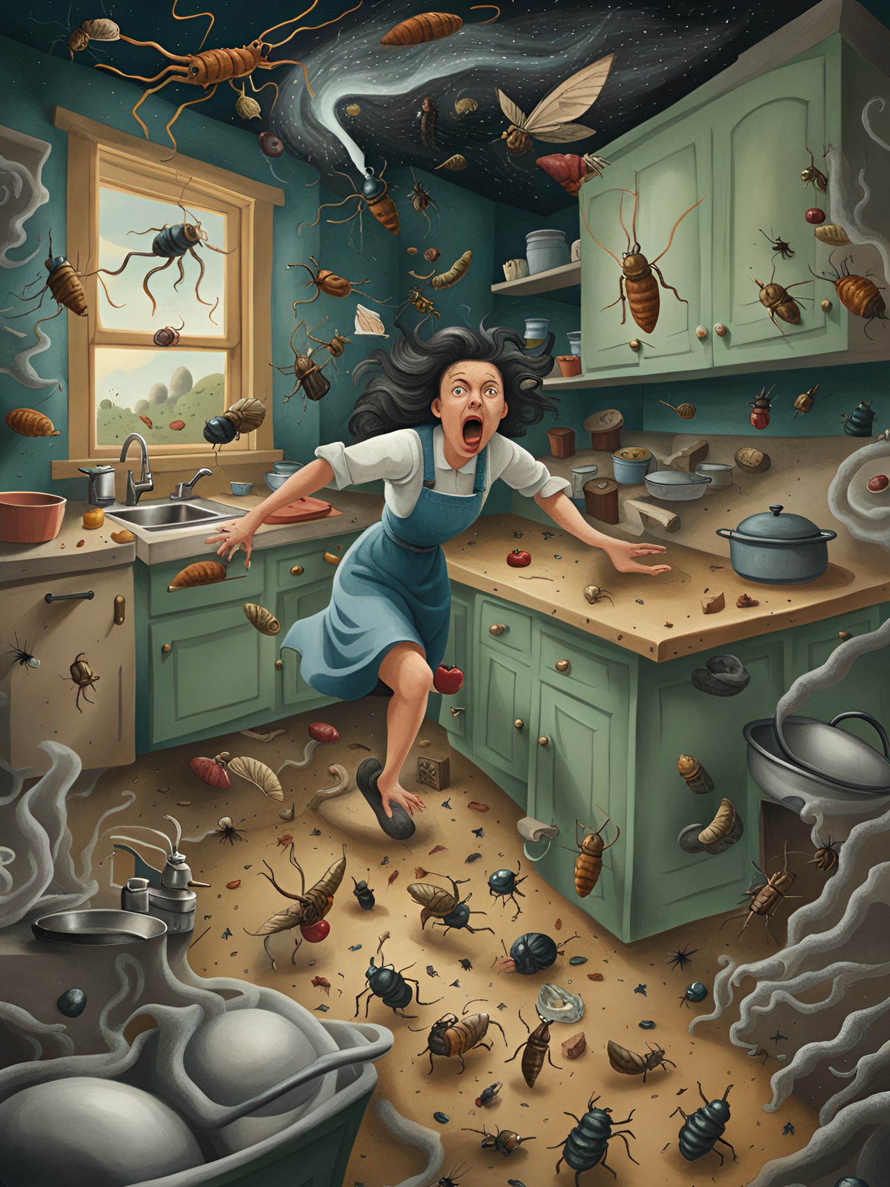 typical kitchen with a screaming housewife , desperately fleeing out of a swirling chaotic multi dimensional time vortex, trying to escape a swarm of insects. infinite, abysmal, chimerical, phantasmal, writhing, tendrils, by leonora carrington, arthur tress, jheronimus bosch, louis daguerre preview