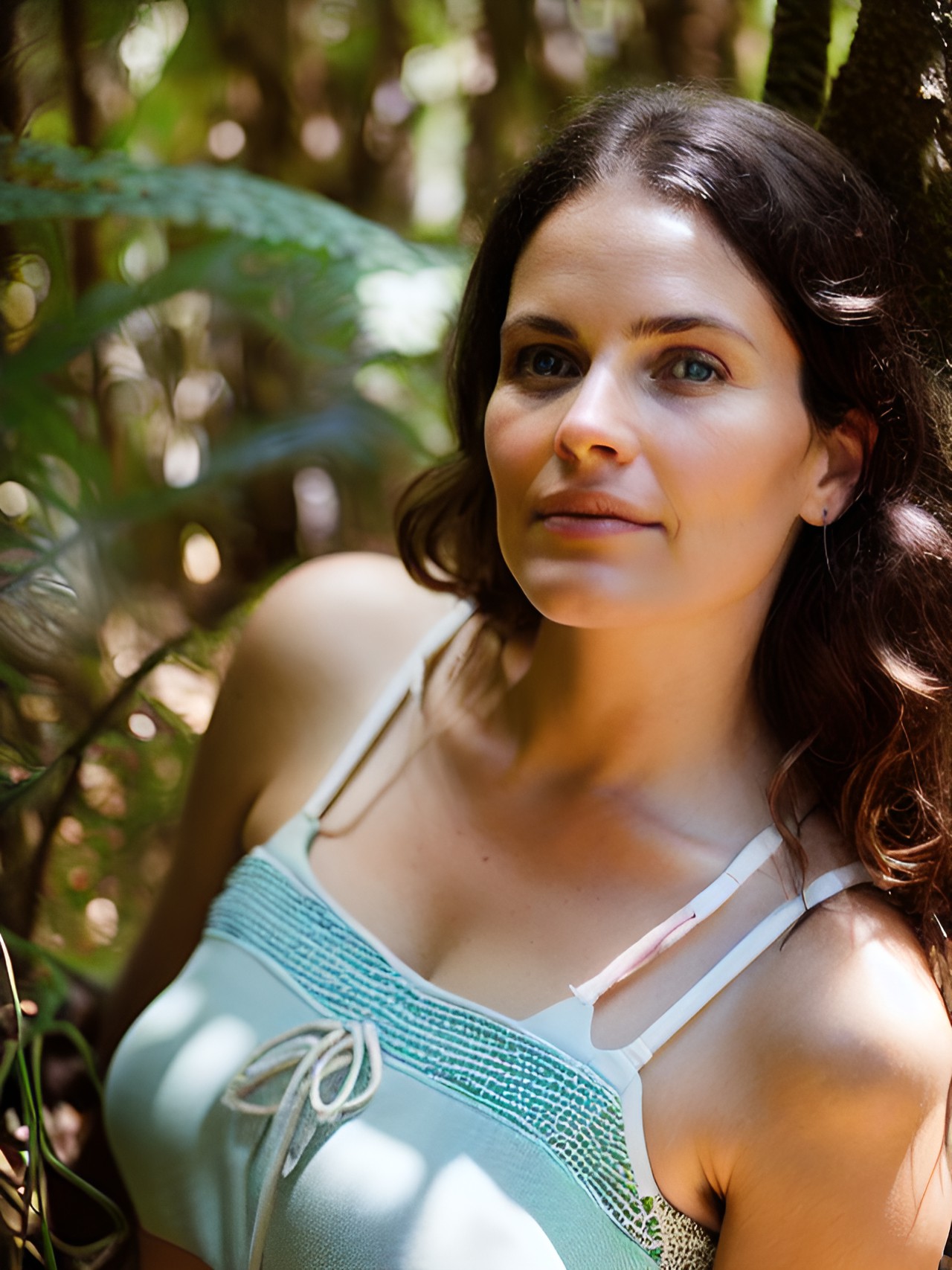 flirty woman age 33, in a beach forest, face close-up, sweaty skin, normal skin, perfect eyes, lifelike, warm daylight, dappled sunlight, lights by hopper, warm accent light, soft rim lighting, by rosie matheson preview