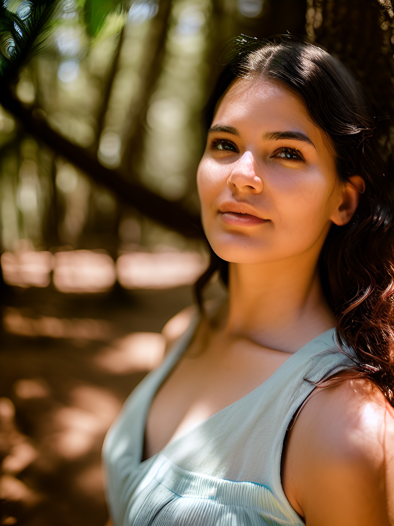 flirty woman age 33, in a beach forest, face close-up, sweaty skin, normal skin, perfect eyes, lifelike, warm daylight, soft rim lighting, up light, dappled sunlight, warm accent light, by rosie matheson preview