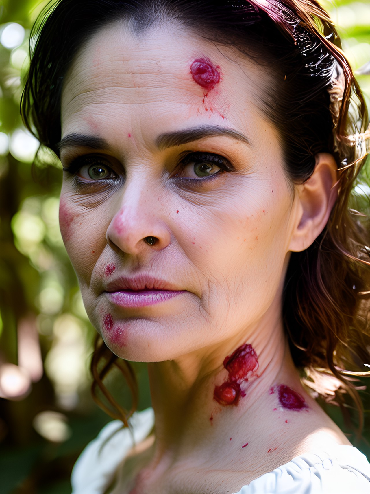 flirty woman age 48, zombie bite in neck, in a beach forest, face close-up, sweaty skin, normal skin, perfect eyes, lifelike, warm daylight, soft rim lighting, up light, dappled sunlight, warm accent light, by rosie matheson preview