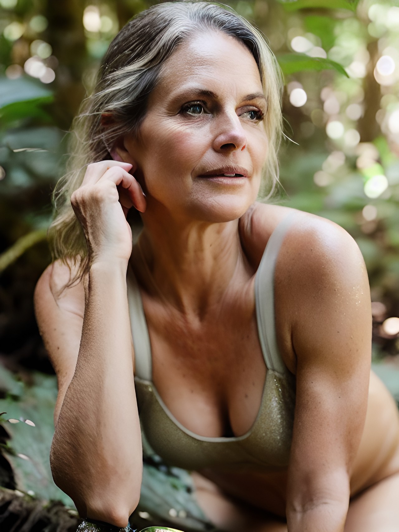 flirty woman age 48 in a beach forest, candid close-up, sweaty skin, normal skin, perfect eyes, lifelike, gold light reflector, warm daylight, soft rim lighting, up light, dappled sunlight, golden accent light, by rosie matheson, $3d, (two heads)!, double face, plastic, deformed, deformed hands, blurry, bad anatomy, bad eyes$ preview