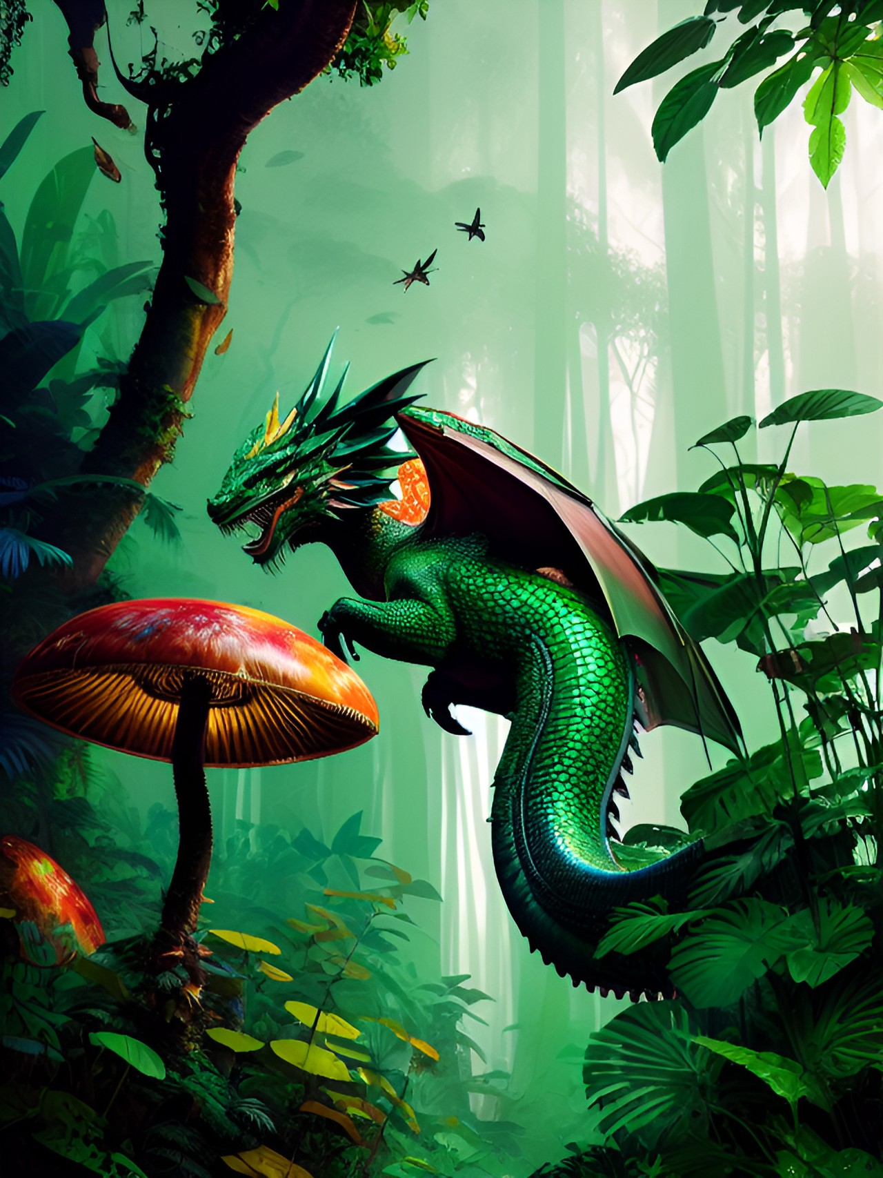 Keeper of the Forest - the emerald dragon in a jungle world with colorful trees and mushrooms preview