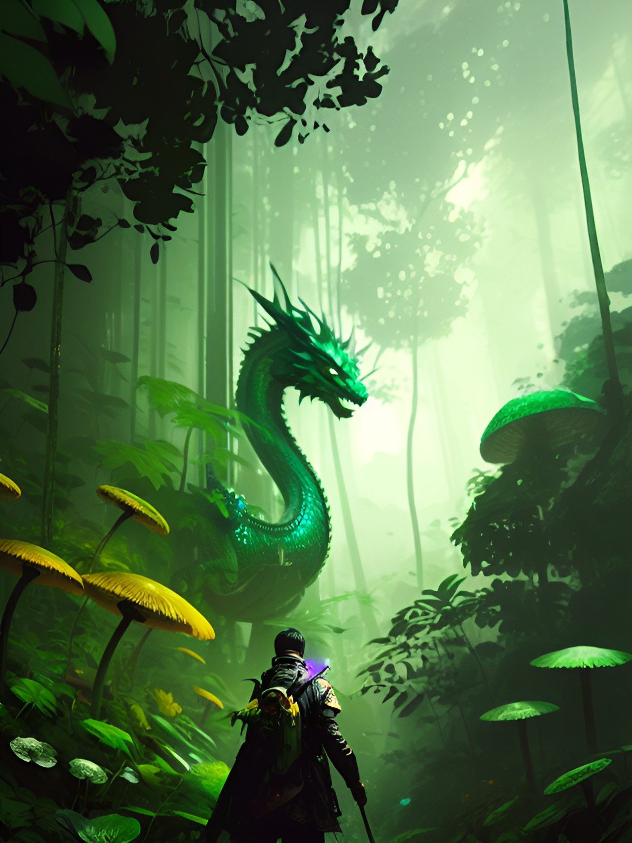 Jungle Dragon - the emerald dragon in a jungle world with colorful trees and mushrooms preview