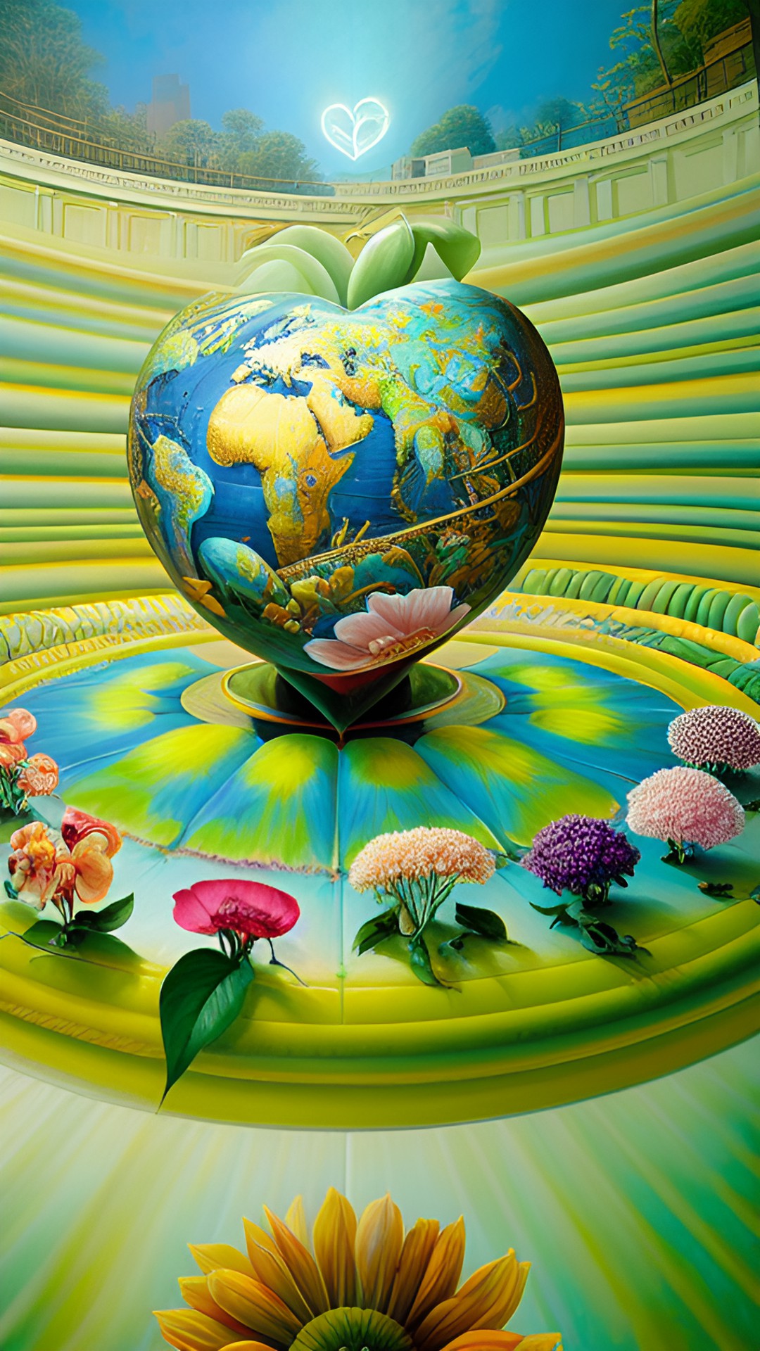 the earth in the shape of a huge heart
all sourrounded by loads of fowers
highly detailed realistic preview