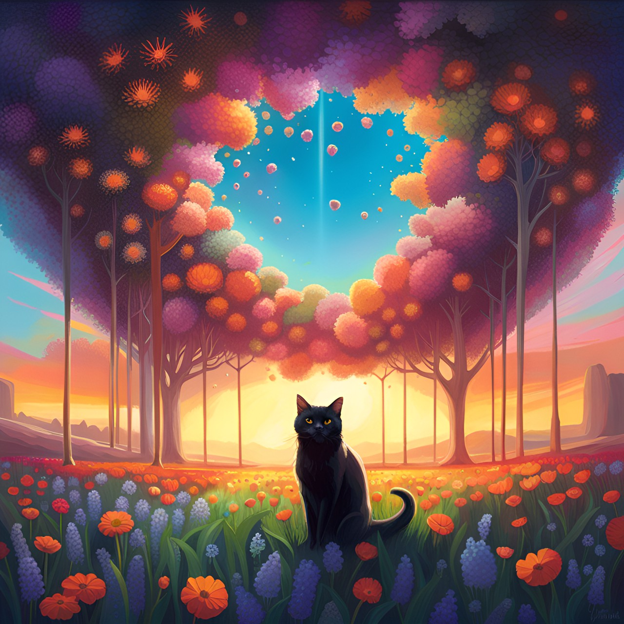 Flower Cat - flower field with black cat in the center, symmetrical, realistic, hd preview