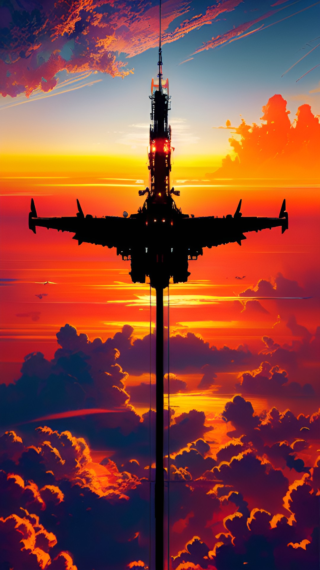 Space Elevator - gorgeous fiery sunset above the ocean clouds preview