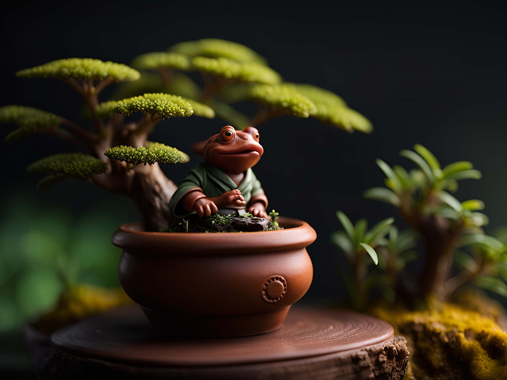 bonsai in clay pot with samurai toad preview