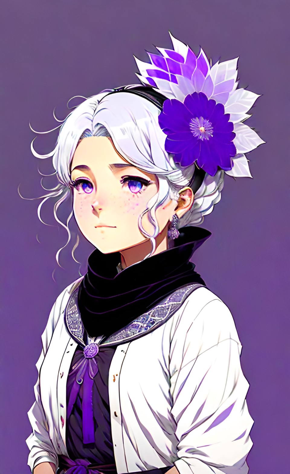 neya is a woman in her 30s or 40s with white and gray hair. on her head is a diadem of stones that glows in a soft purple color. the eyes are also purple. in his hand is a black wooden staff. preview