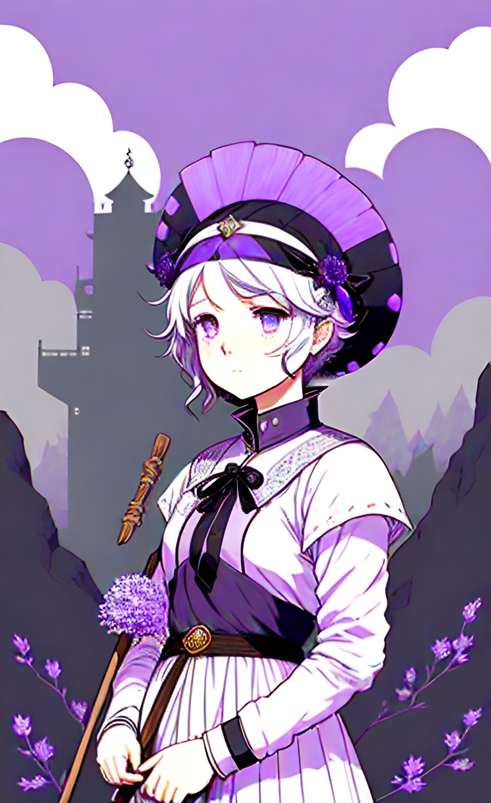 a woman in her 30s or 40s with white and gray hair. on her head is a diadem of stones that glows in a soft purple color. the eyes are also purple. in his hand is a black wooden staff. preview