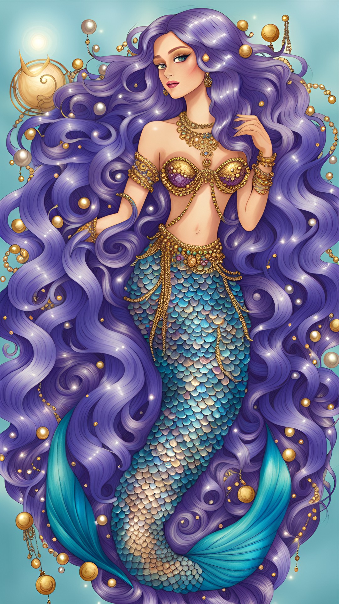 magical mermaid with bronzed purple scales/ golden jewels and multicolored pearls/ long wavy blue hair/ preview