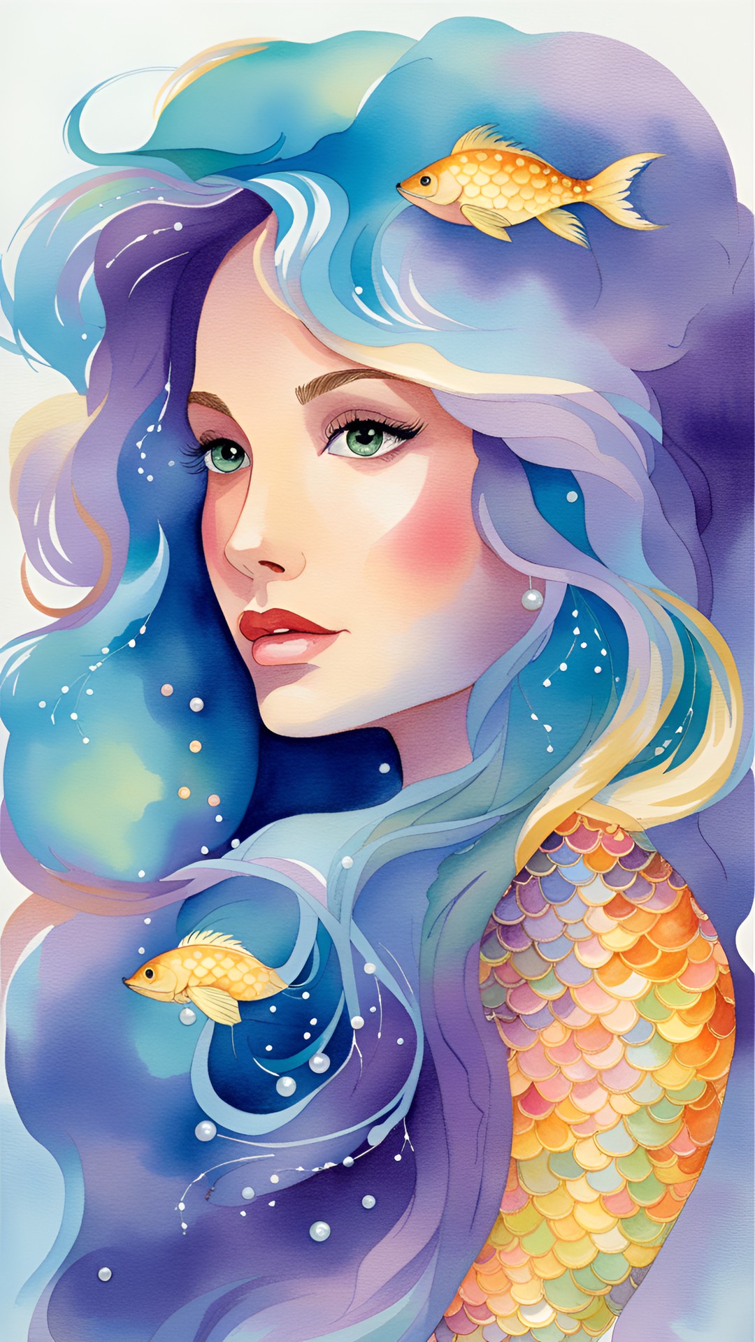 magical mermaid with bronzed purple scales/ golden jewels and multicolored pearls/ long wavy blue hair/ preview