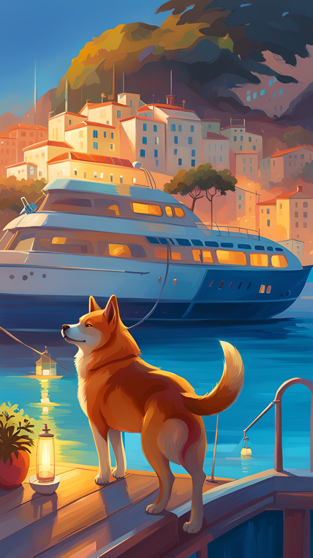 shiba inu on retro yacht on french riviera preview