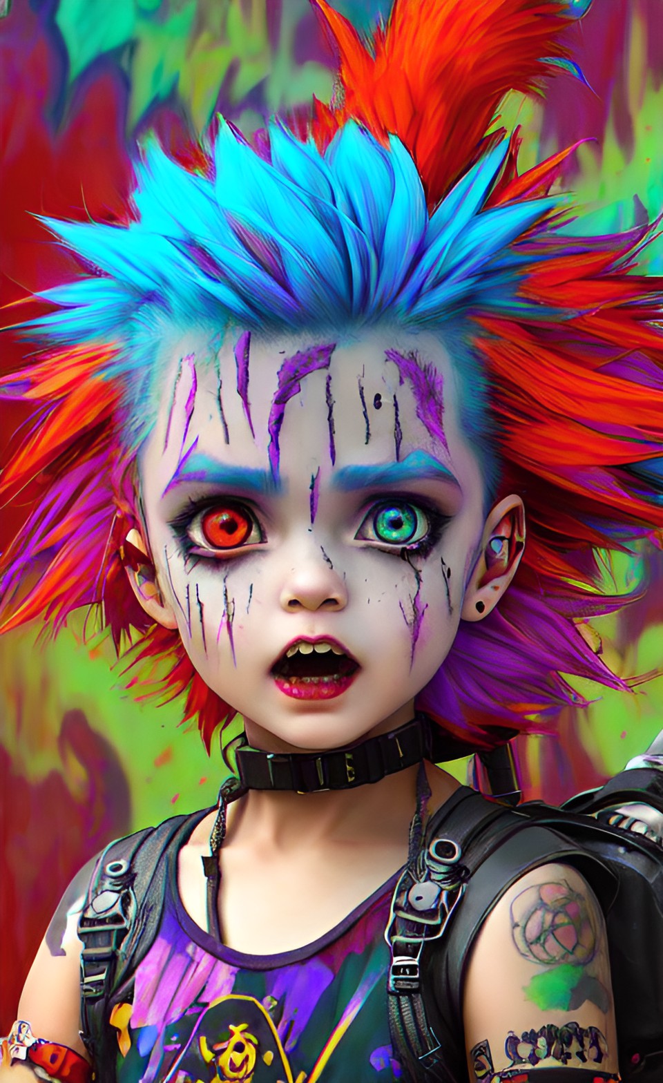 superb imagination, artistic, extra scary demon rugrats in rags multi colored hair post apocalyptic. 16k, ultra hd, hyper detailed, 3d preview