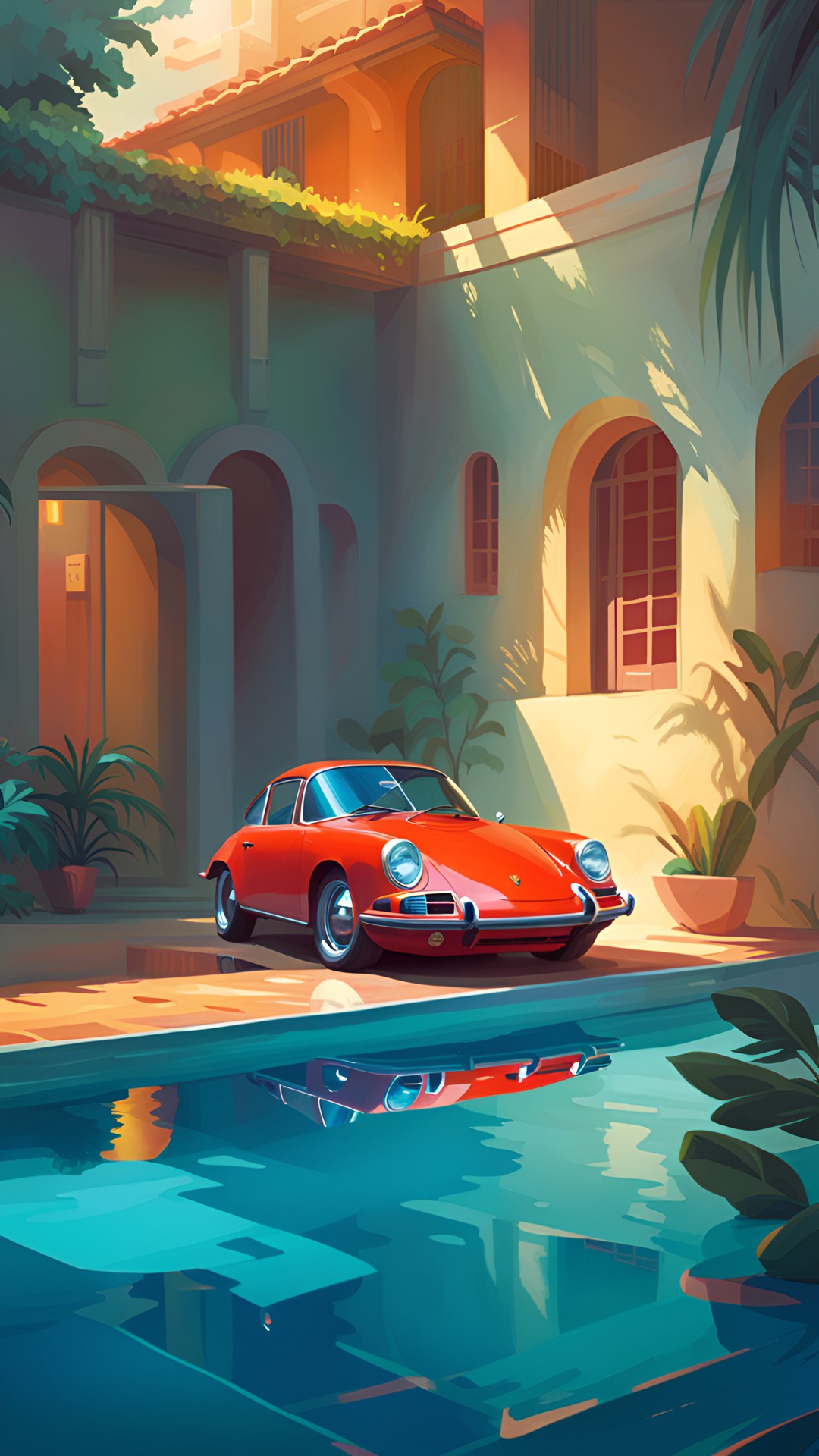 half of retro porsche is floating in the pool preview