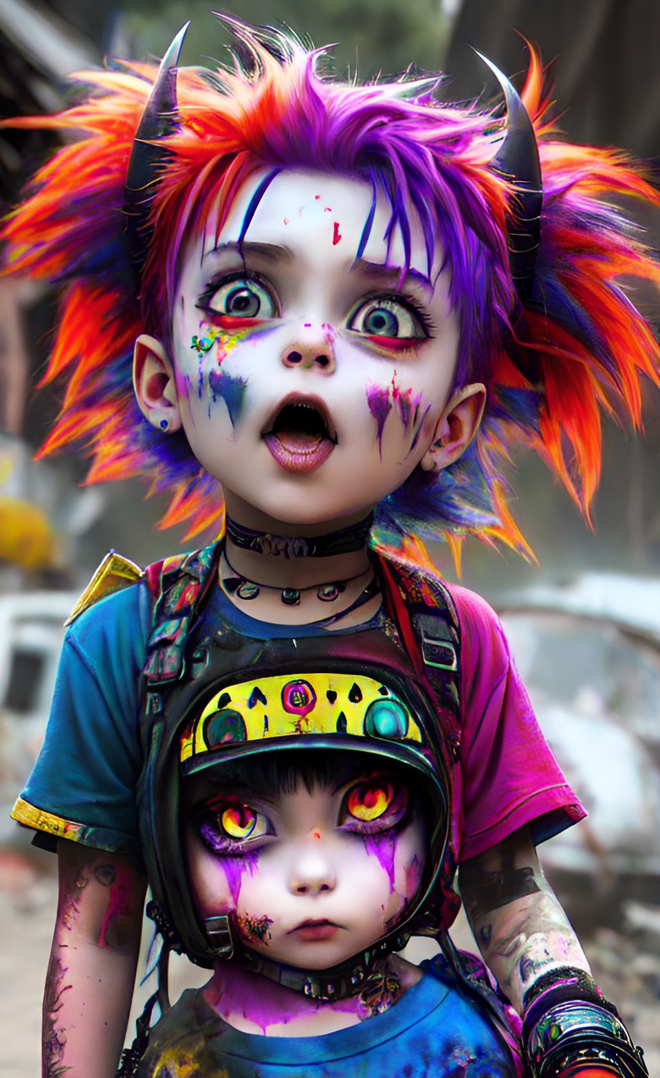 superb imagination, artistic, extra scary demon rugrats in rags multi colored hair post apocalyptic. 16k, ultra hd, hyper detailed, 3d preview