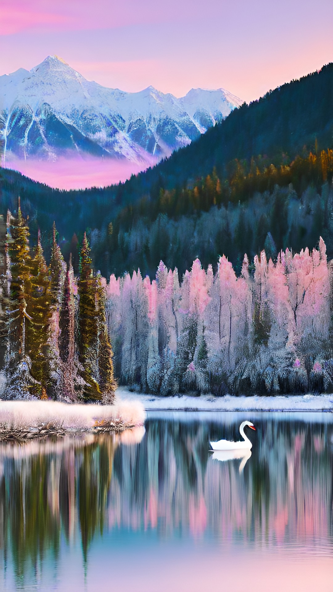 swan on lake pink sky snow, peaceful lake, snowy mountain preview