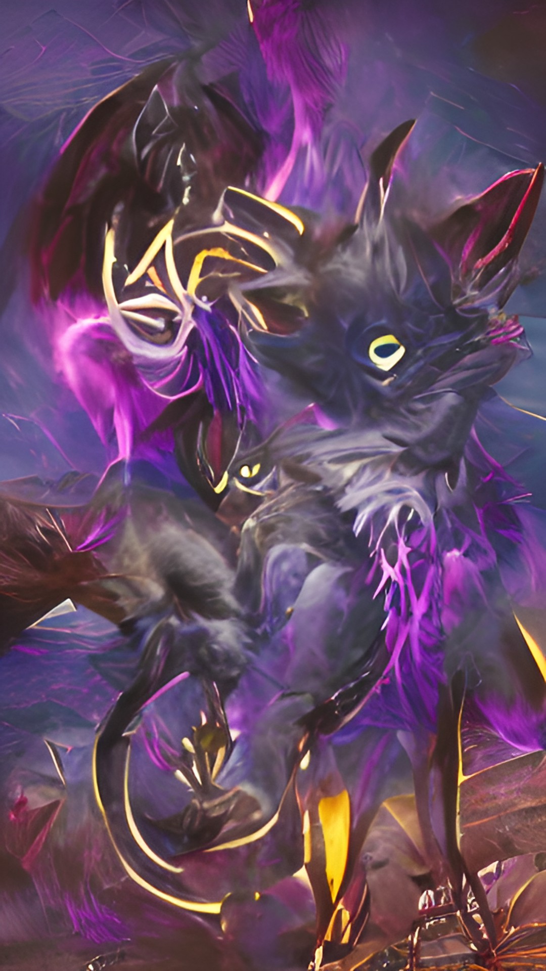 The cat - 1 kitten, purple and black fur, yellow glowing eyes, long claws, black devils horns and black dragon wings with purple magic preview