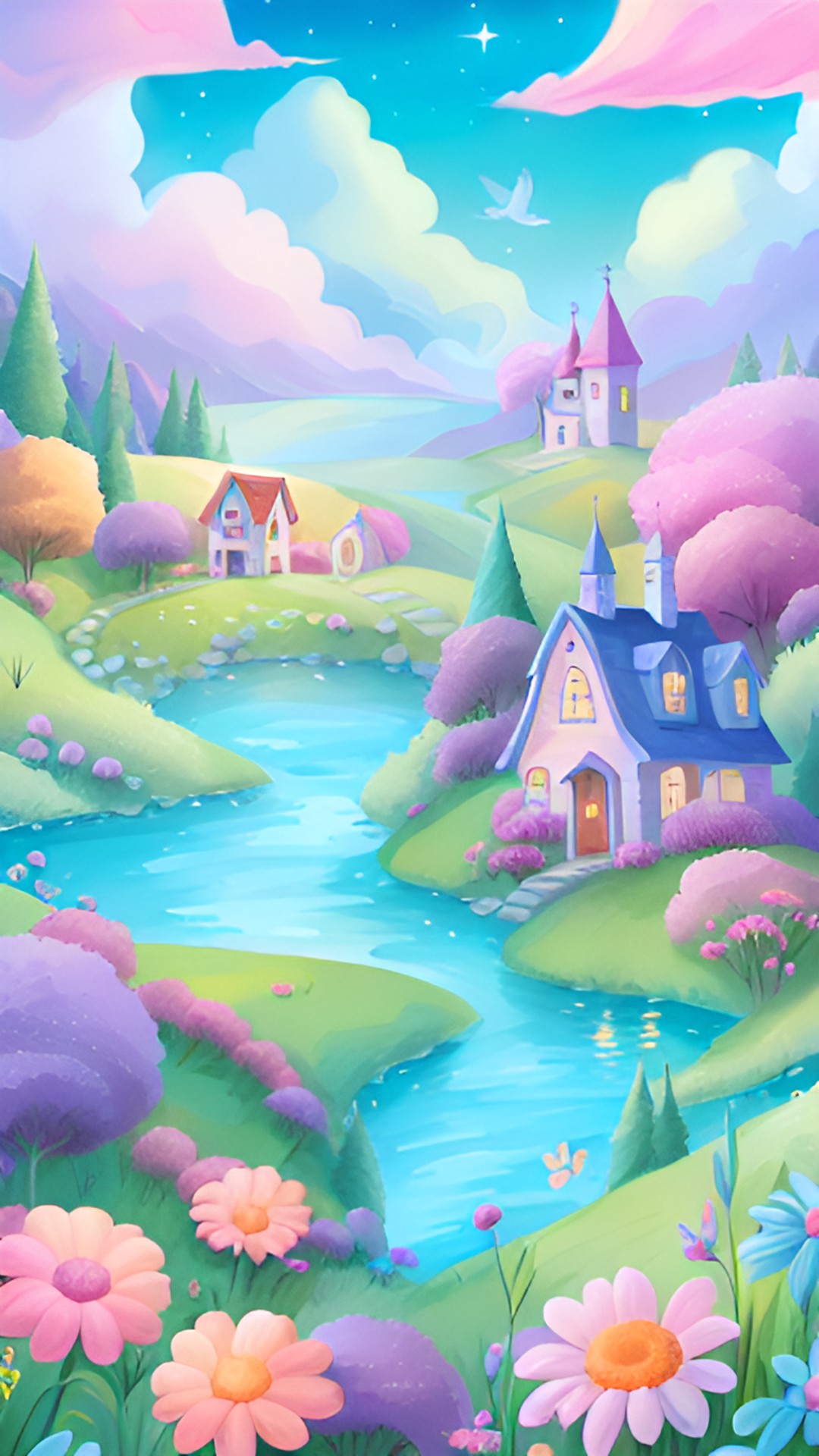 Pastel1 - create an enchanting dreamscape. magical meadows, luminous lakes, celestial skies, flora, add cute pretty houses and townscapes but everything is pastel preview