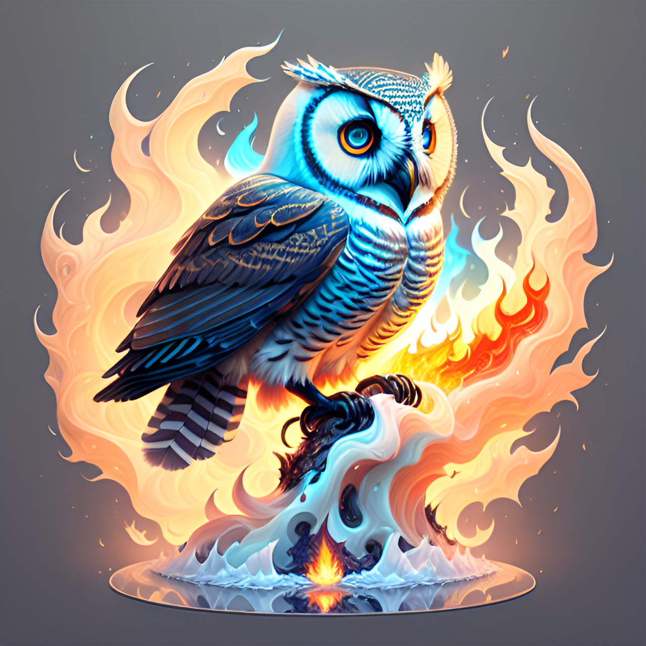 symmetrical owl in flight with fire on white background preview