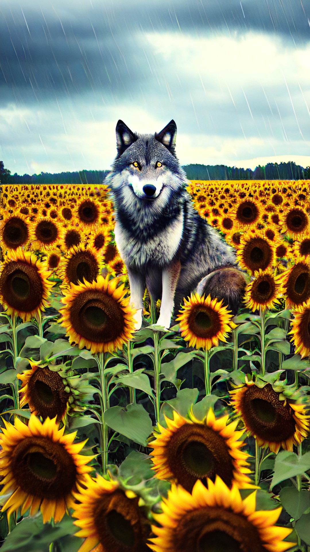 Replika ok?))) - a wolf sitting in a field of sunflowers while it rains preview