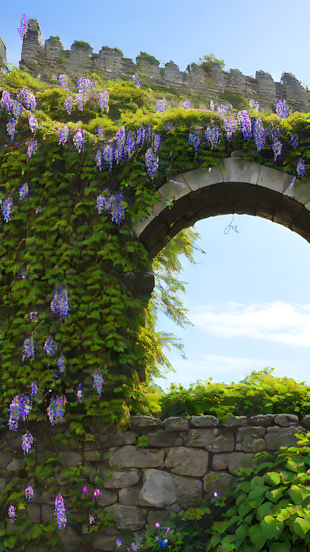 a crumbling ancient high stone wall with morning glories and wisteria on it preview