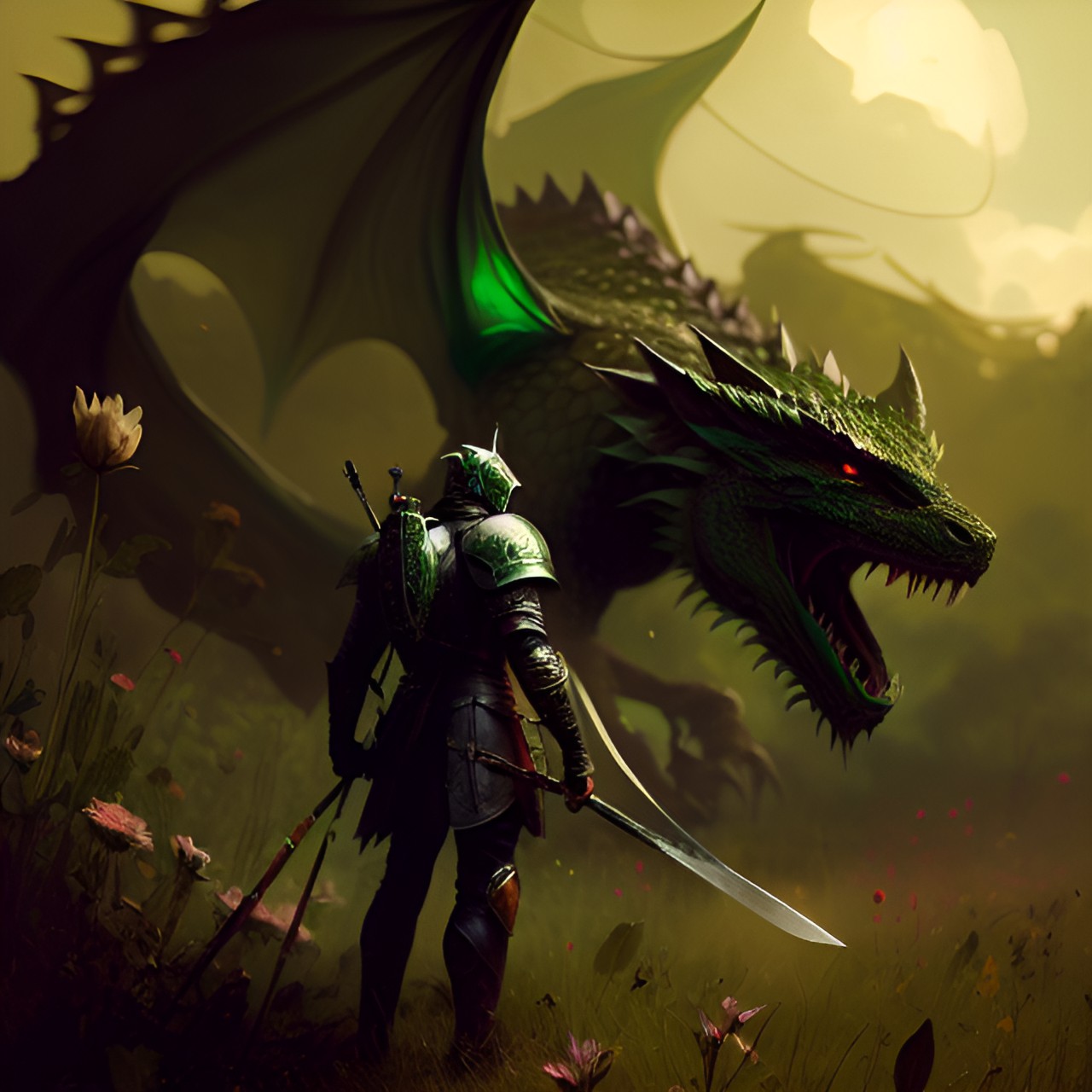 One Last Favor - green dragon resting in a field of flowers. knight holding sword and shield. preview