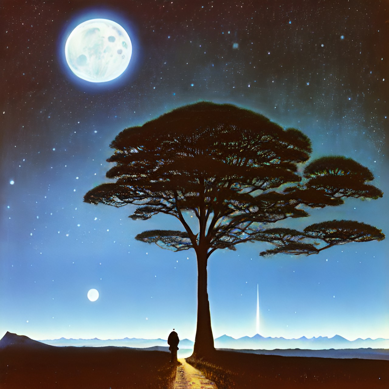 Tree in the moonligh - a man observes the starry sky above three hunting dinosaurs. full moon. tall trees. mountain horizon. preview