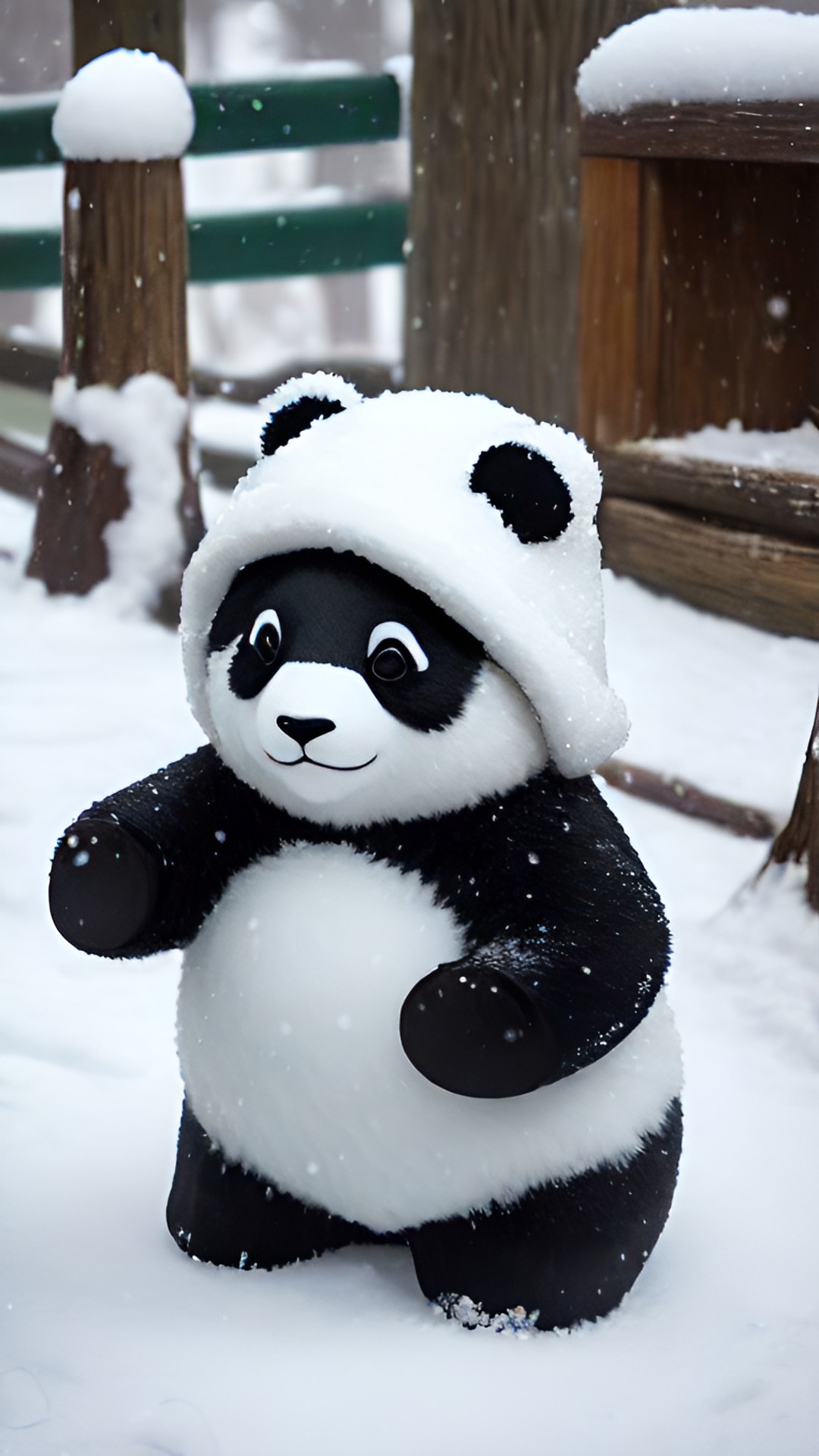 a panda in the snow wearing a rice hat preview