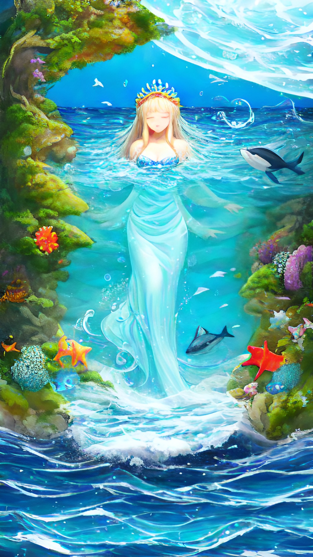 water goddess sleeping on the ocean with the sea animals are swimming underneath her preview