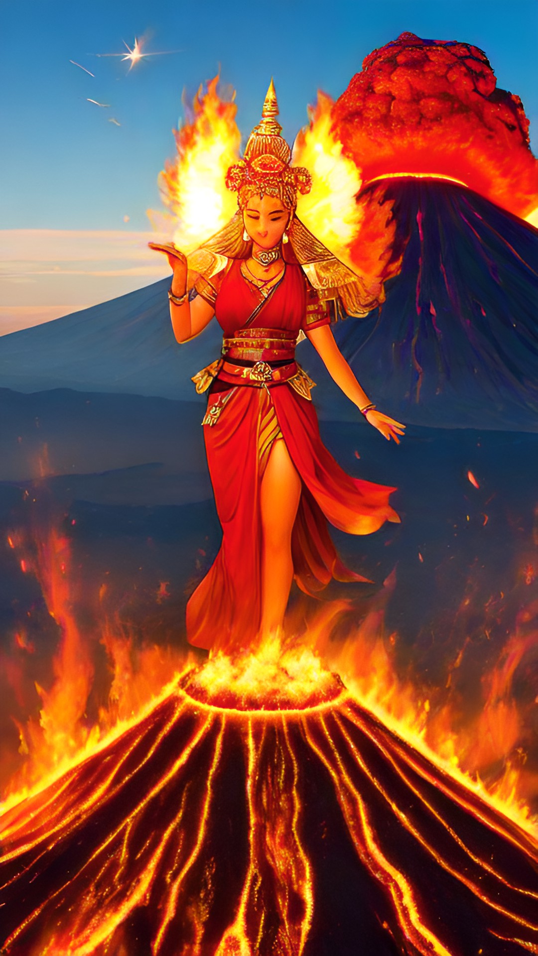 fire goddess above a volcano and heating the earth preview